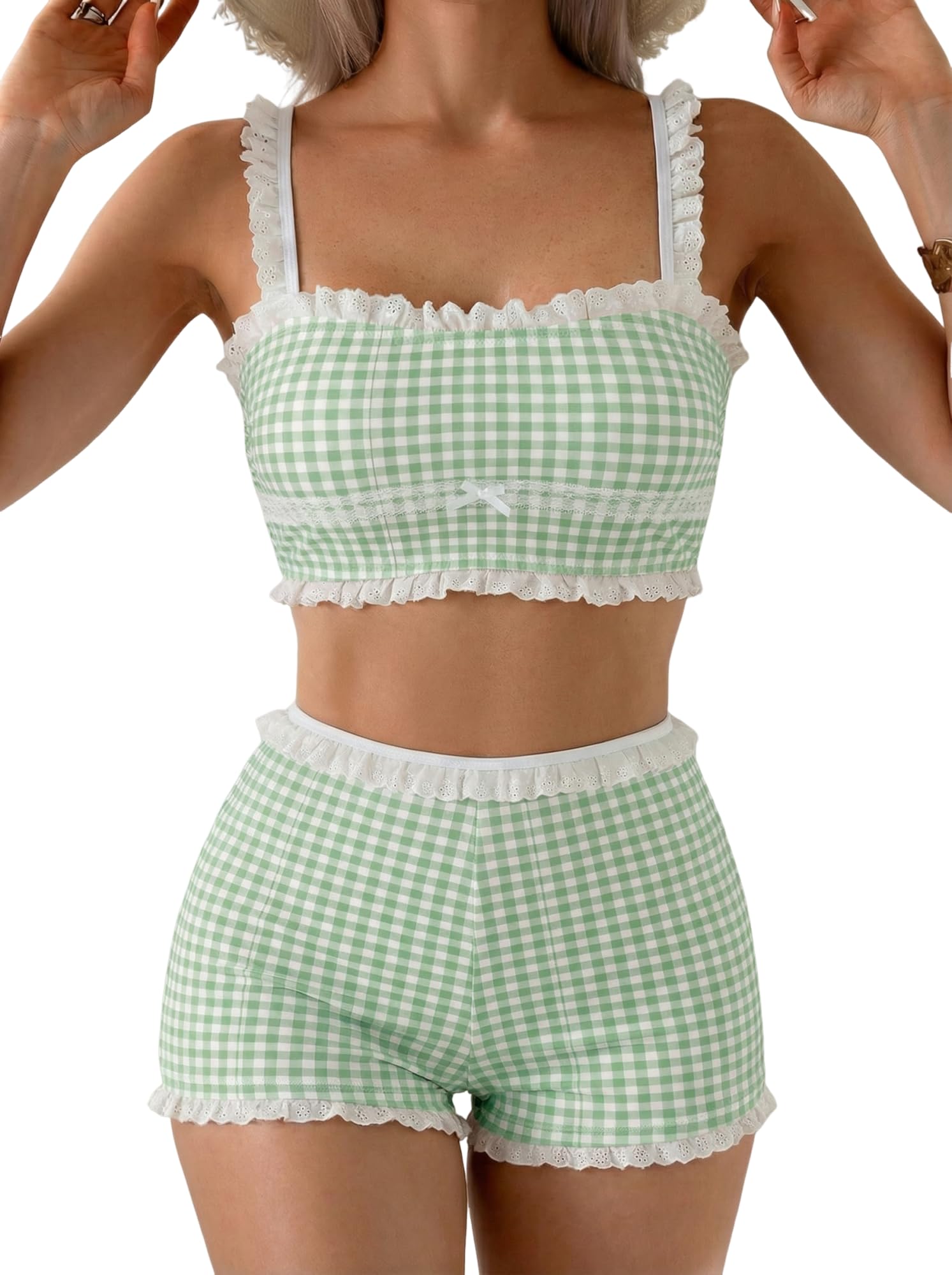 ZAFUL Womens High Waisted Bikini Sets 2 Piece Plaid Ruffle Swimsuits Back Strap Top with High Waisted Shorts