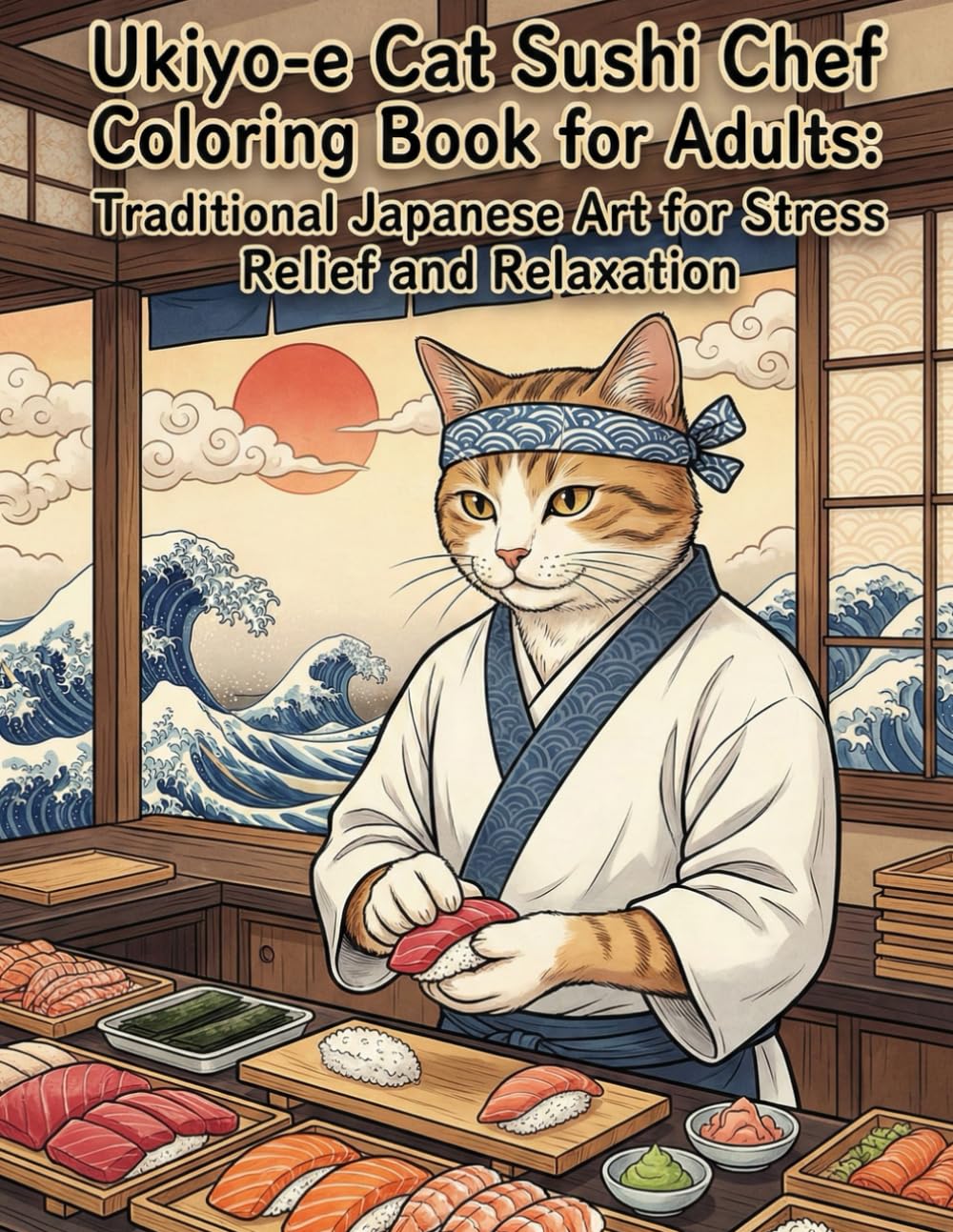 Ukiyo-e Cat Sushi Chef Coloring Book for Adults:: Traditional Japanese Art for Stress Relief and Relaxation