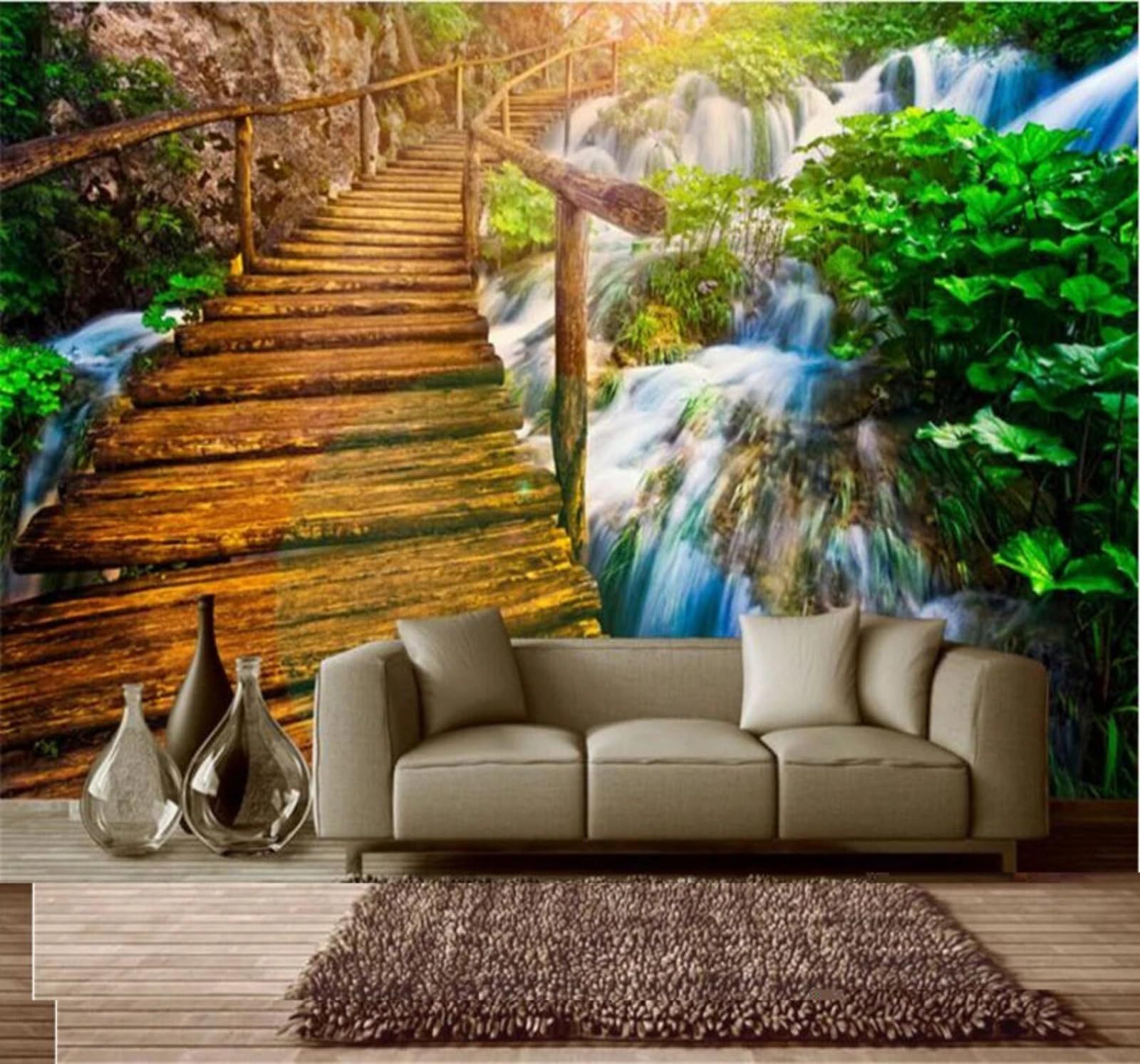XLMING Aesthetics Fairyland Waterfall Scenery Wooden Bridge 3D Wallpaper Luxury Silk Study Dining Feature Sofa Grey Bedroom Living Room Tv Decorative Wall-200cm×140cm