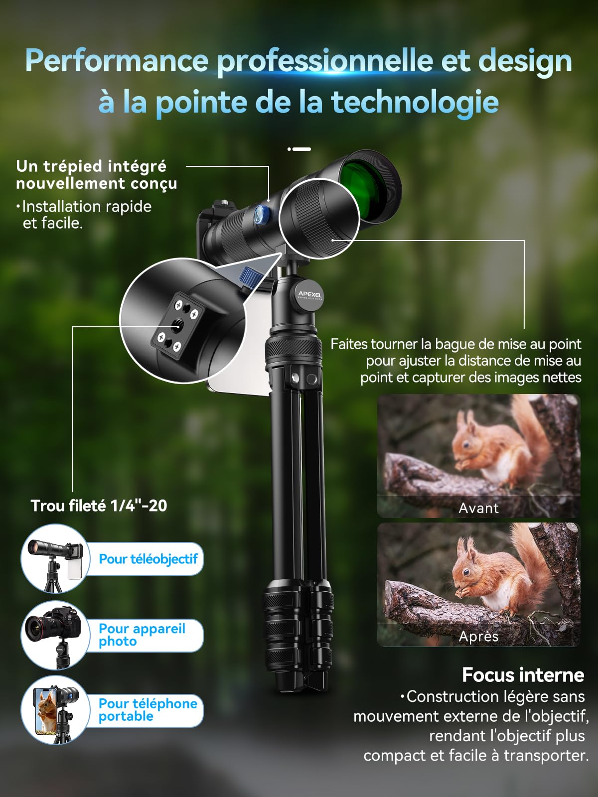 APEXEL Téléobjectif,Objectif Zoom Compact Professionnel 20-60X pour Smartphones - Capturez des scènes éloignées avec aisance