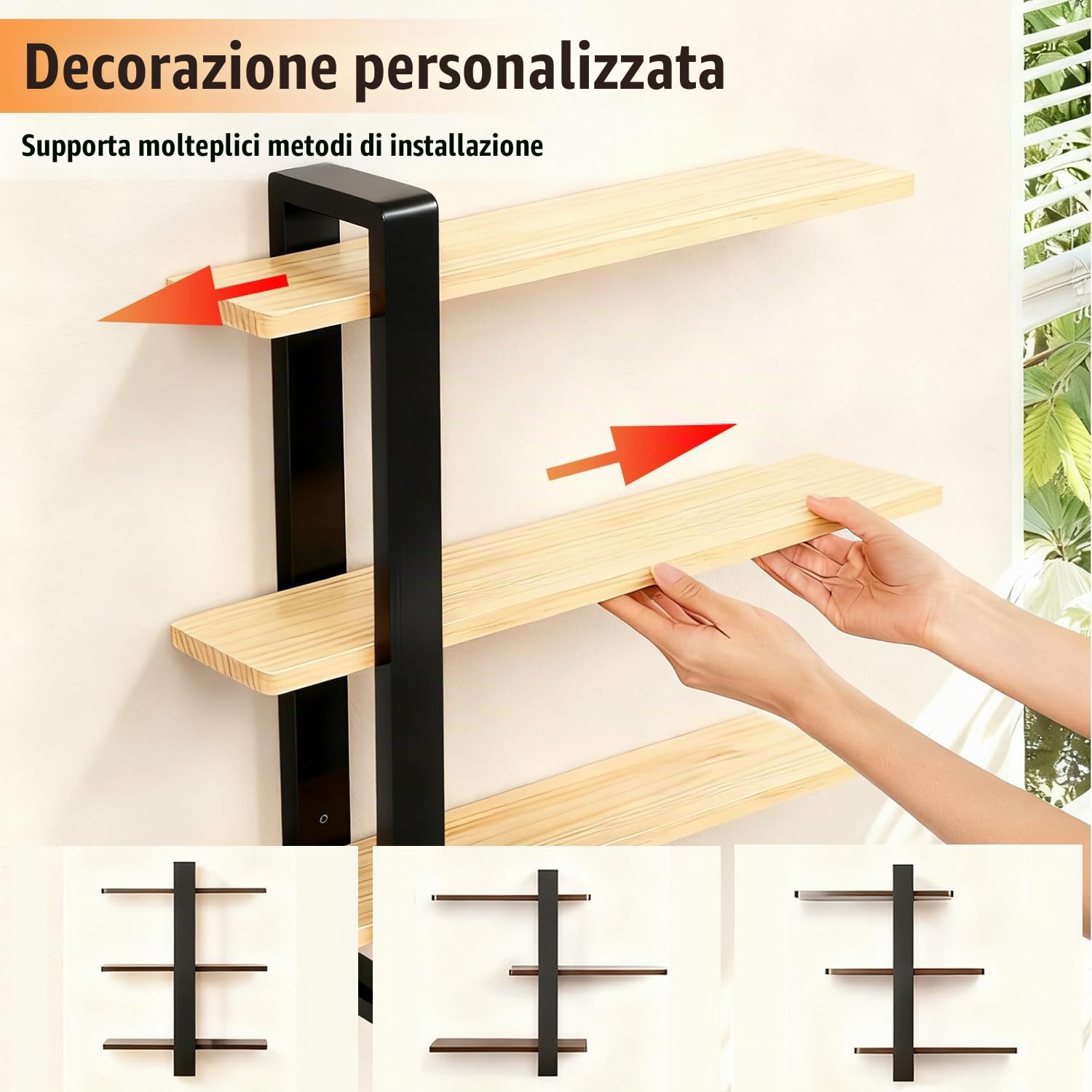Mensole Da Muro，Mensole Da Parete，Mensola Sospesa Decorativa a 3 Livelli, Mensola In Legno Moderna Per Pareti, Adatta Per Soggiorno, Camera Da Letto, Ufficio, Cucina (Nera, 58 * 50 * 12 Cm)