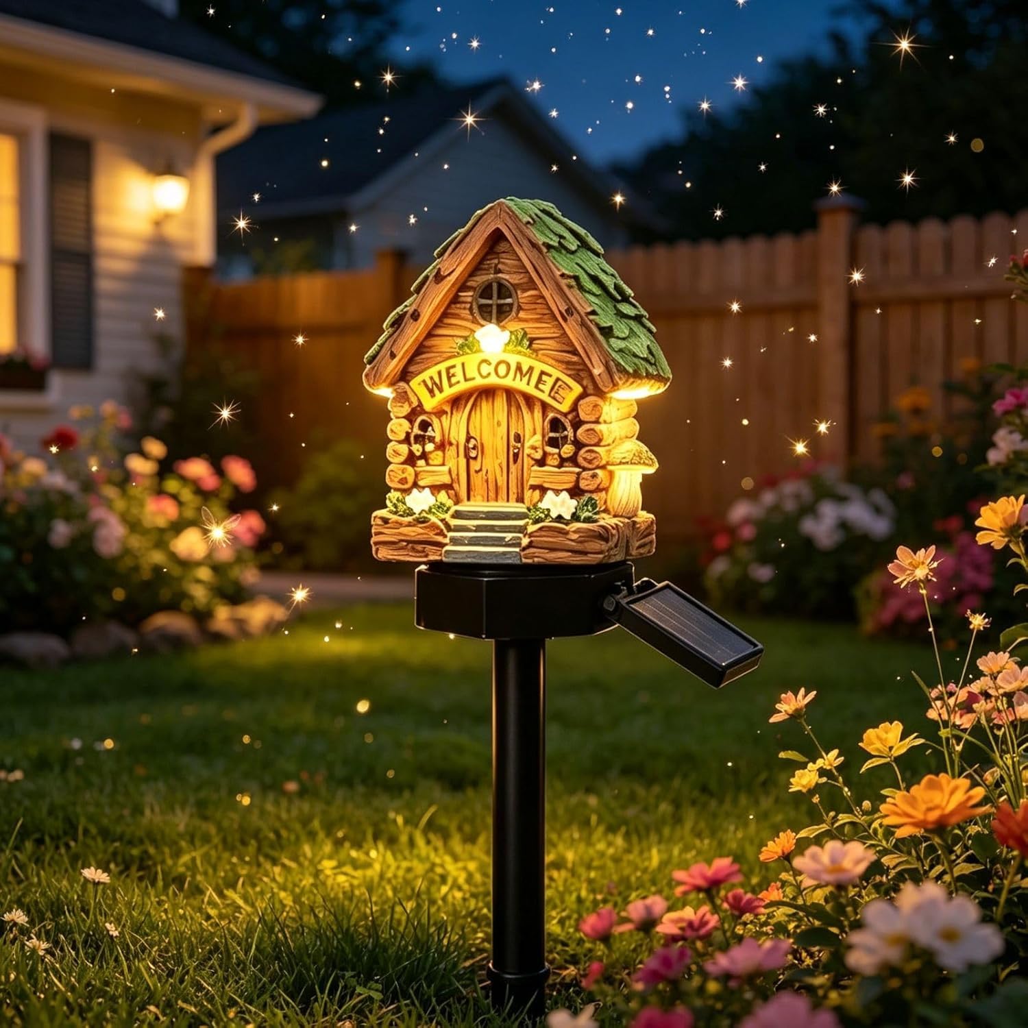 Fairy-Tale Mushroom House Solar Lights Outdoor, Fairy House Garden Stake Lights Fairy-Tale, Resin Mushroom Cottage Figurines, Auto On/Off Landscape Pathway Light for Yard Patio Lawn (A)