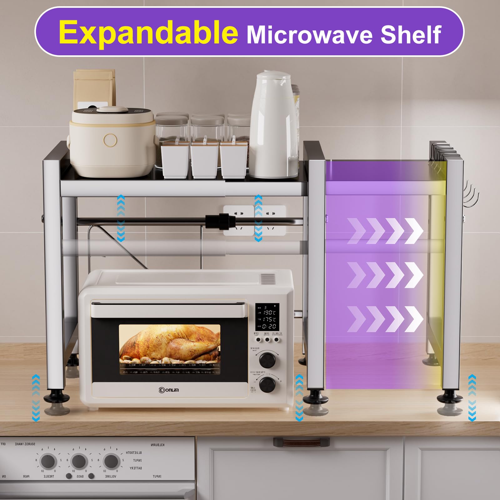 Étagère Extensible Pour Micro-ondes - 2 Niveaux, Acier Inoxydable - Réglable 40-64 Cm, Charge Max 36,3 Kg