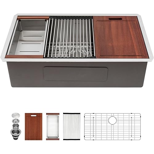 Sarlai 32 Inch Undermount Sink Stainless Steel Undermount Kitchen Sinks Workstation Single Bowl 16 Gauge Under Counter Kitchen Sink Basin 32x19x10 Inch