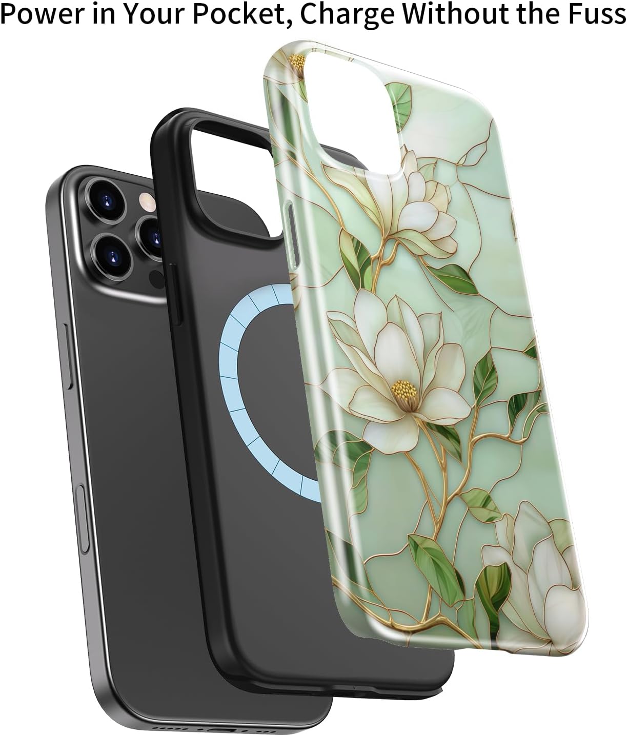 for iPhone 12 Case/iPhone 12 Pro Case Cute - Wireless Charging Compatible - Dual-Layer Hard Shell + Silicone Cover - Aesthetic Protective Phone Case for Women - Vintage Magnolia Flowers - Image 3