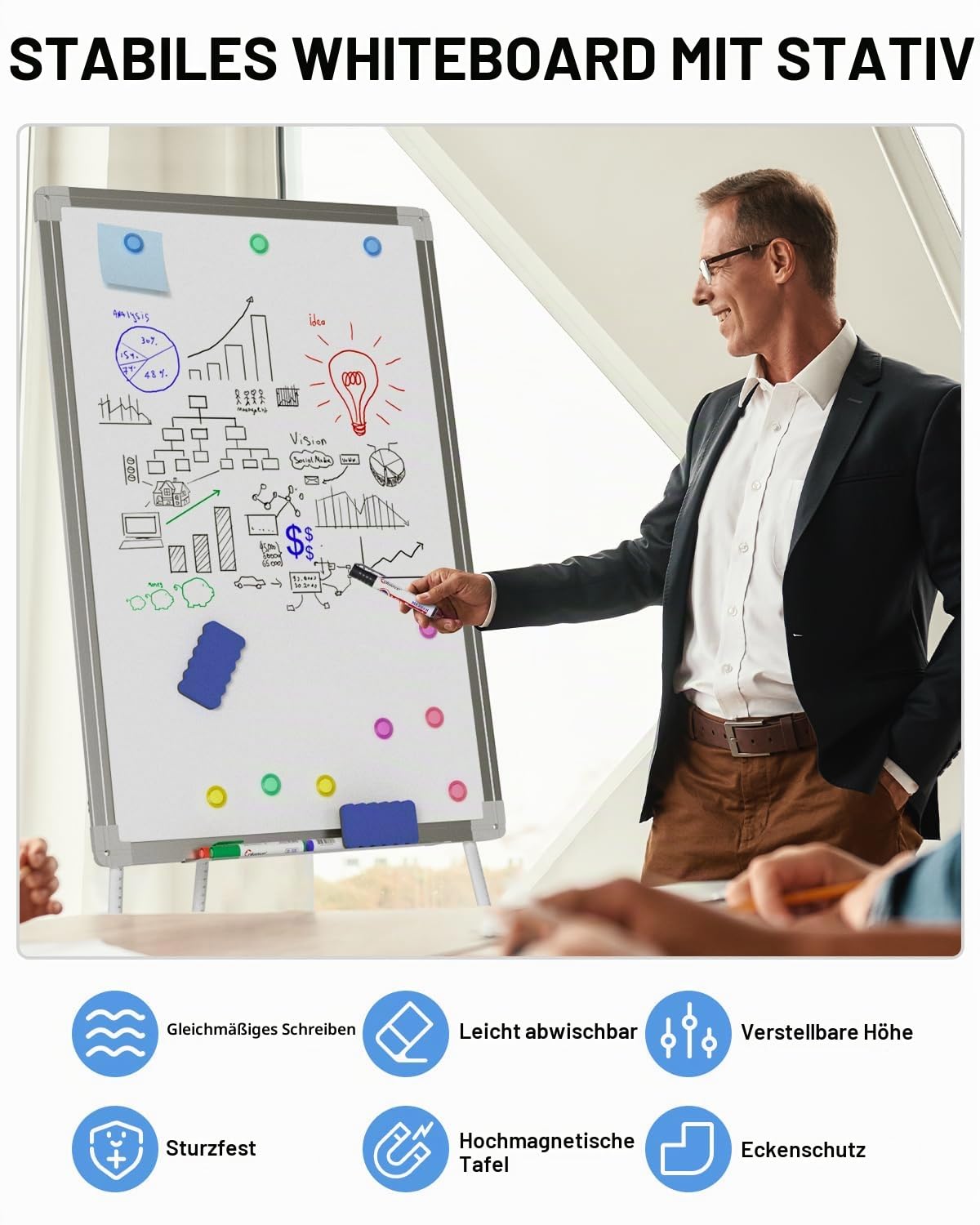Nicpro Mobiles Whiteboard mit Ständer, Magnettafel 90x60 Trockener White Board mit 4 Stiften, Radiergummi, Magnet, Höhenverstellbare tragbare Schreibstaffner Flipchart für Büro, Studenten