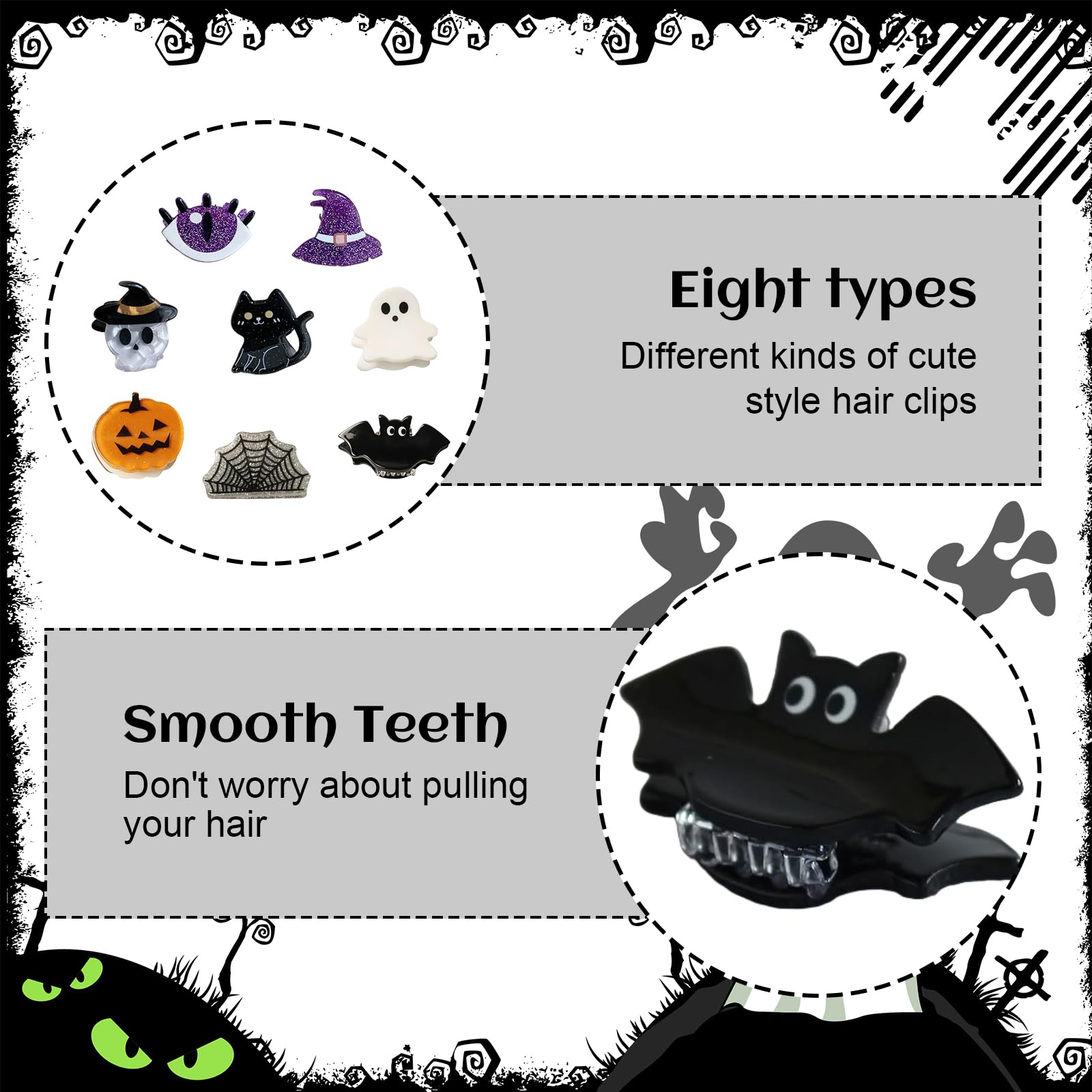 BelleFlair 8 Pcs Halloween Claw Clips Hair Accessories for Girls Women Cute Mini Pumpkin Ghost Bat Spider Web Designs - Image 3
