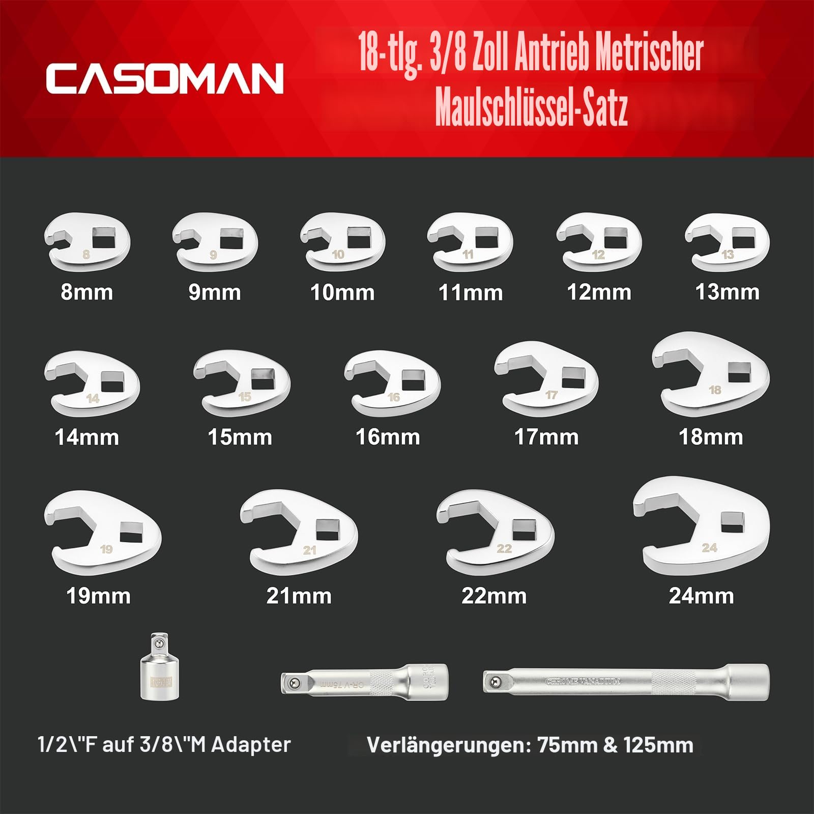 Casoman Hahnenfußschlüssel-Set, 3/8-Zoll-Antrieb, 8-24 mm, offenes Ende, metrisch, CR-MO, mit Adapter und Verlängerungsstangen, 18-teilig