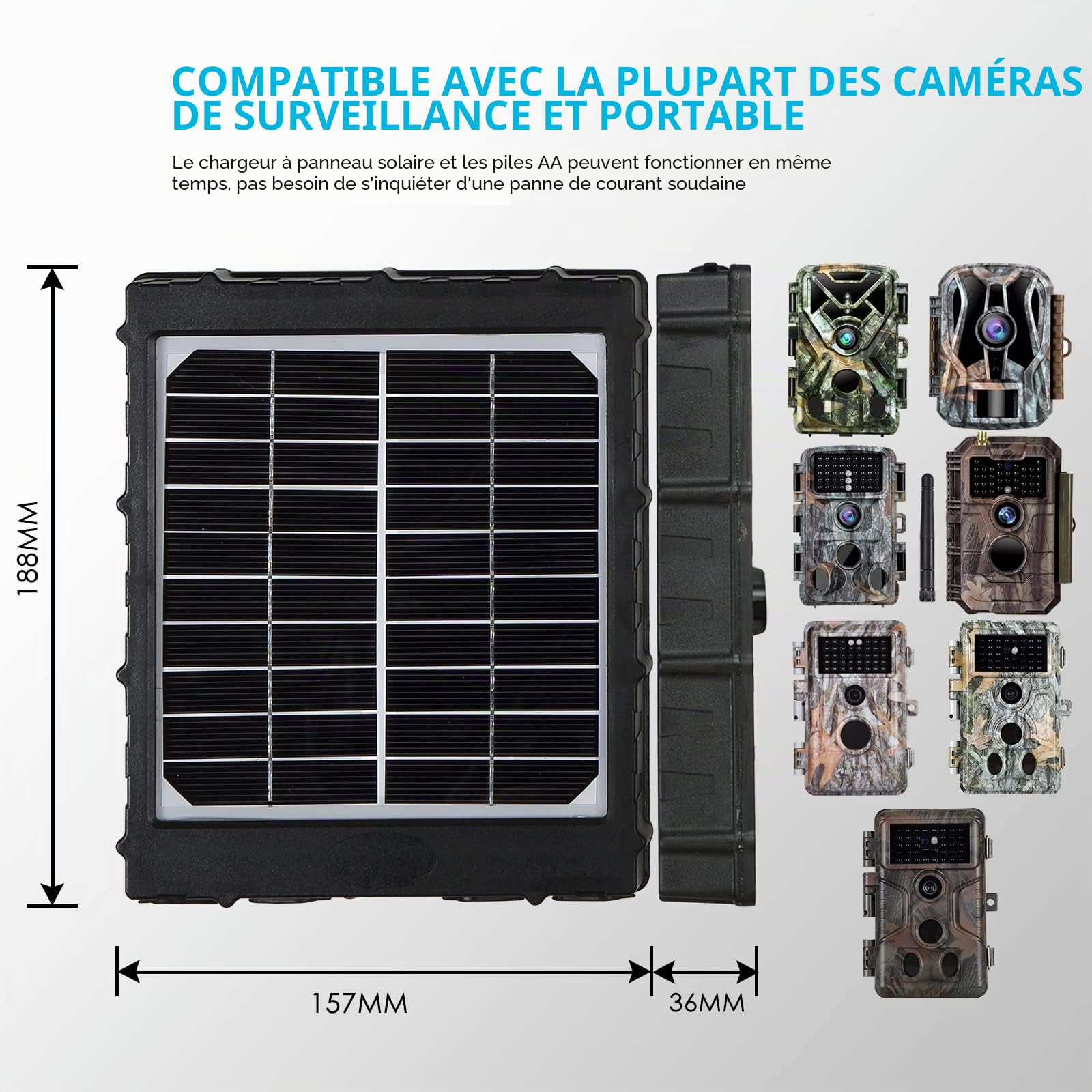 Capacité du Panneau Solaire Camera Exterieur 3W 8000mAh 12V/1.2A, 9V/1.6A, 6V/2.4A Sortie, 5V/2A Entrée, Étanche IP66 Alimentation Portable Rechargeable pour Caméras de Chasse en Extérieur
