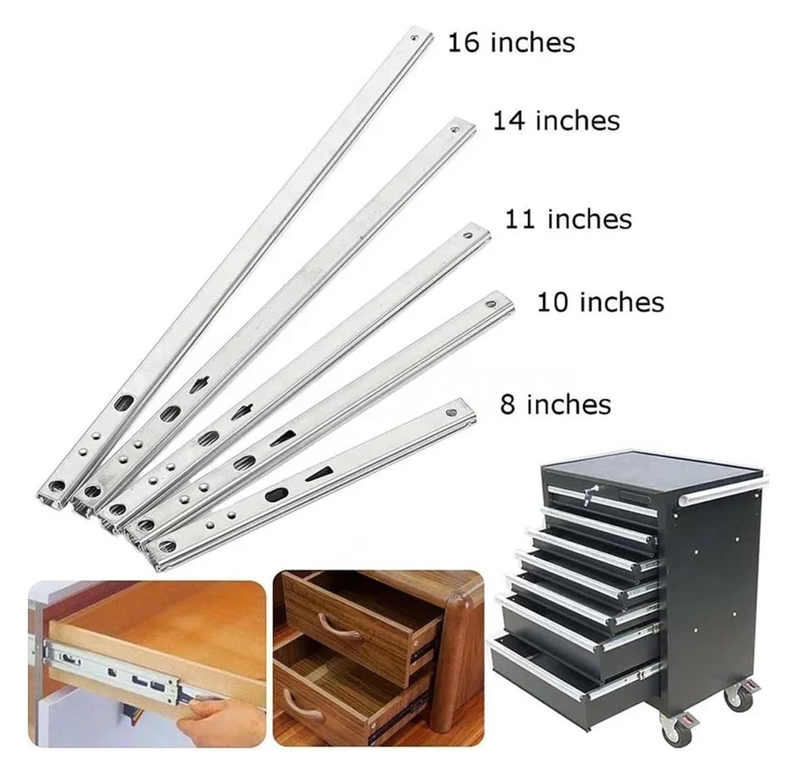 Guías para cajones, Gabinete de cocina plateado 2 secciones, 17 mm ancho, 182-406(342mm)
