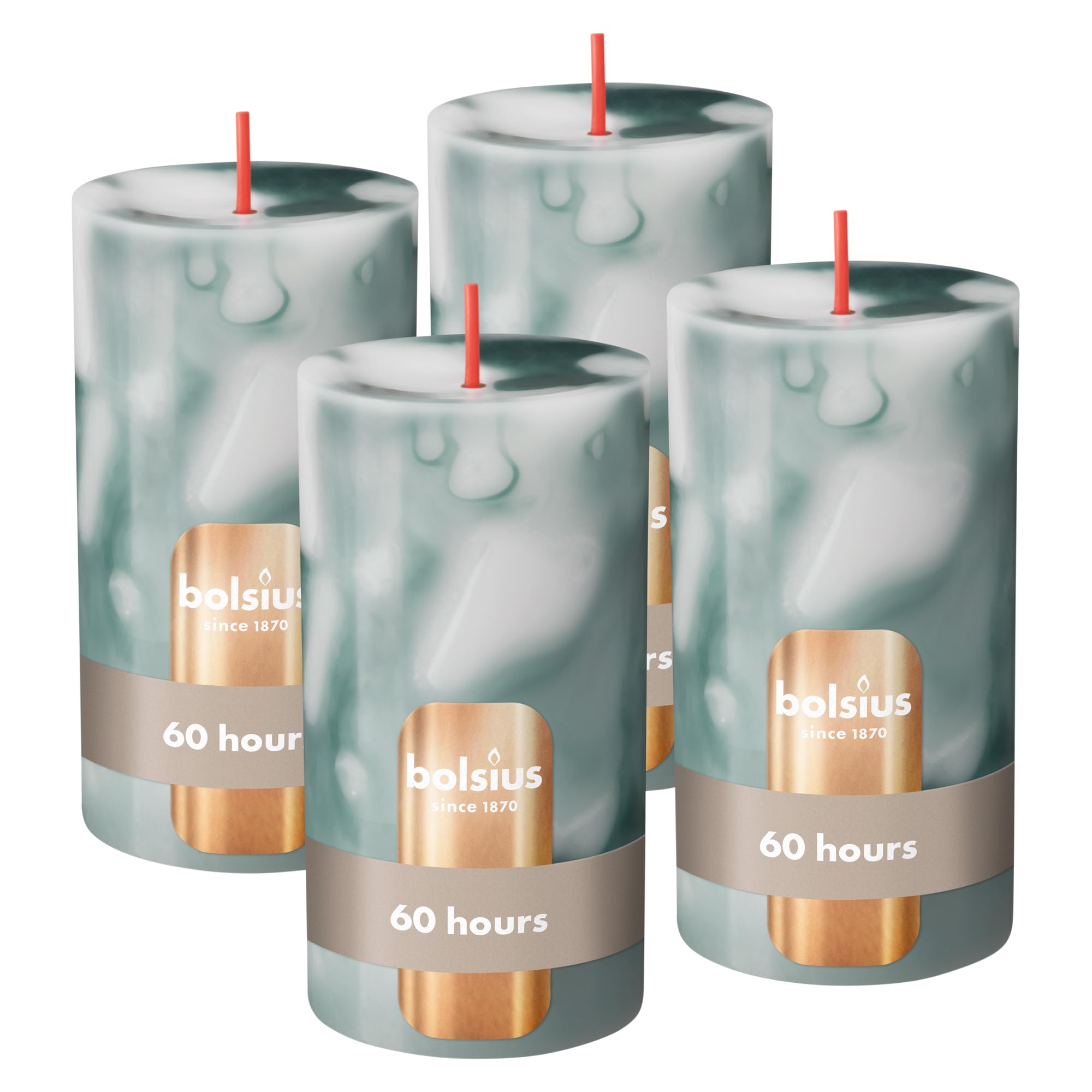 Bolsius - Pillar Candle - Marble - Green - 3.1 in - Pack of 4 - Decorative Candles - with Natural Plant Wax - Without Palm Oil