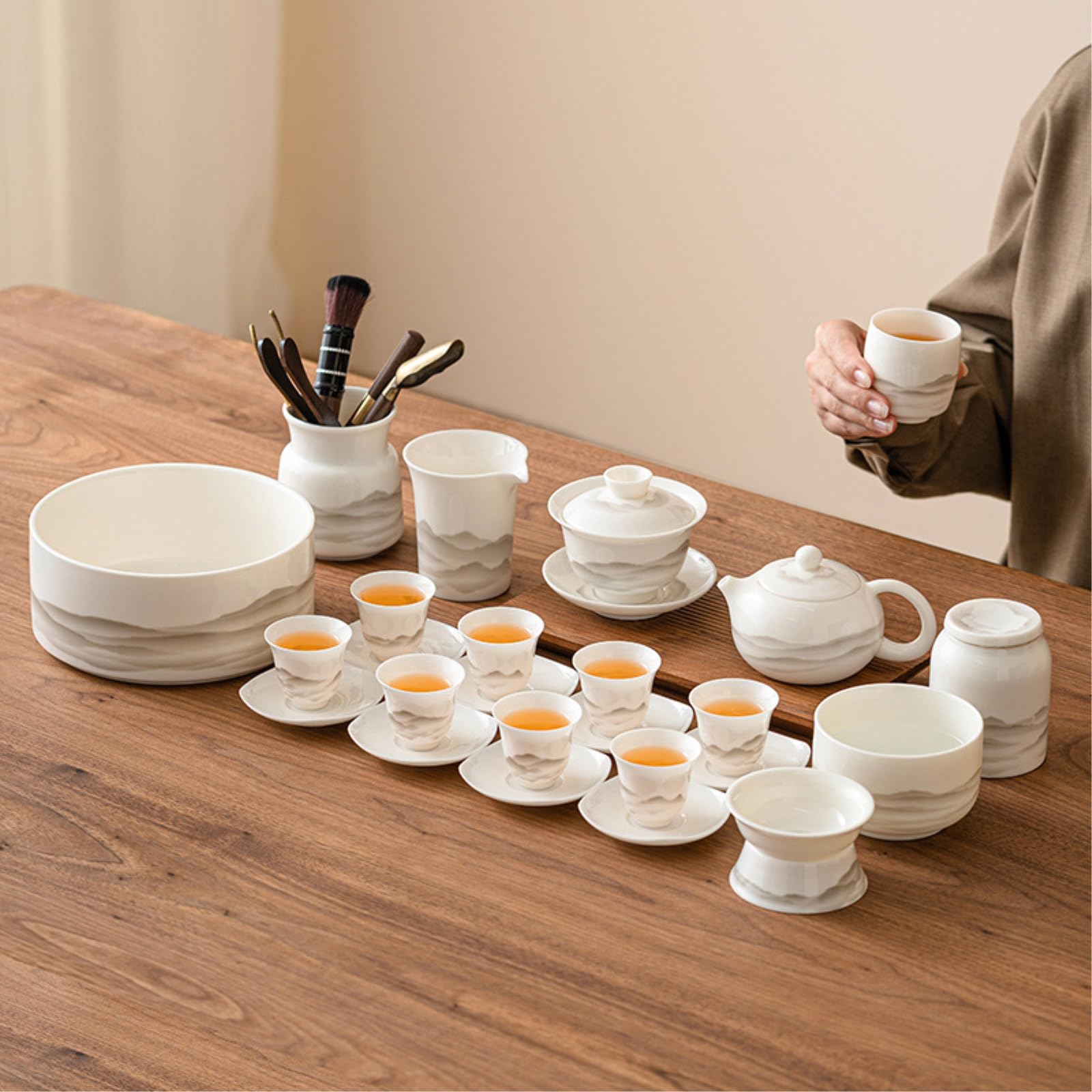 Ceramiczny zestaw do herbaty chińskie biuro domowe luksusowe retro miska z pokrywką o wysokiej temperaturze + czajniczek zestaw 12 [pudełko]