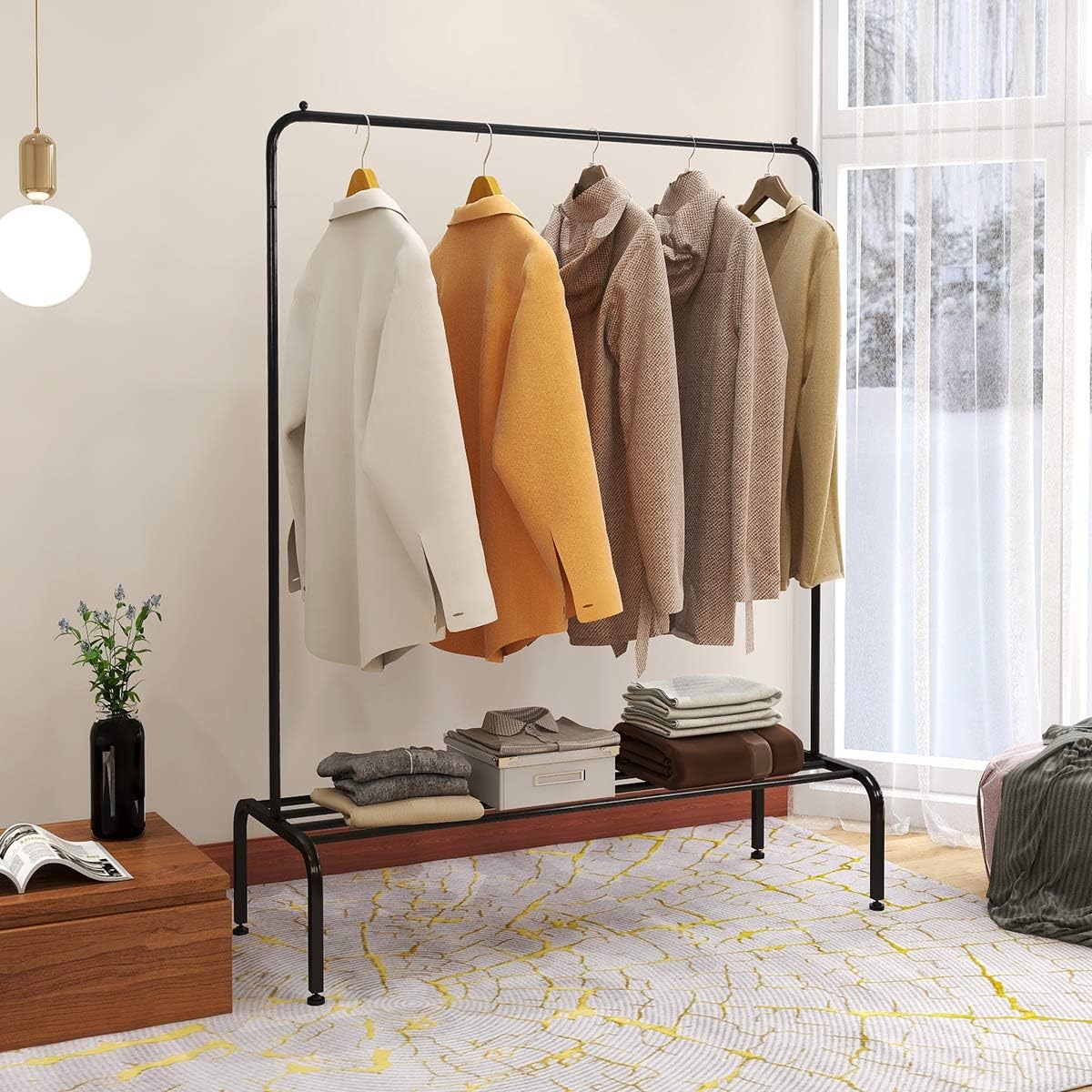 DUMEE Metal Garment Rack Heavy Duty Indoor Bedroom Clothing Coat Racks Hanger With Top Rod and Lower Storage Shelf Clothes Rack With 1-Tier Shelves Living Room Hallway Black