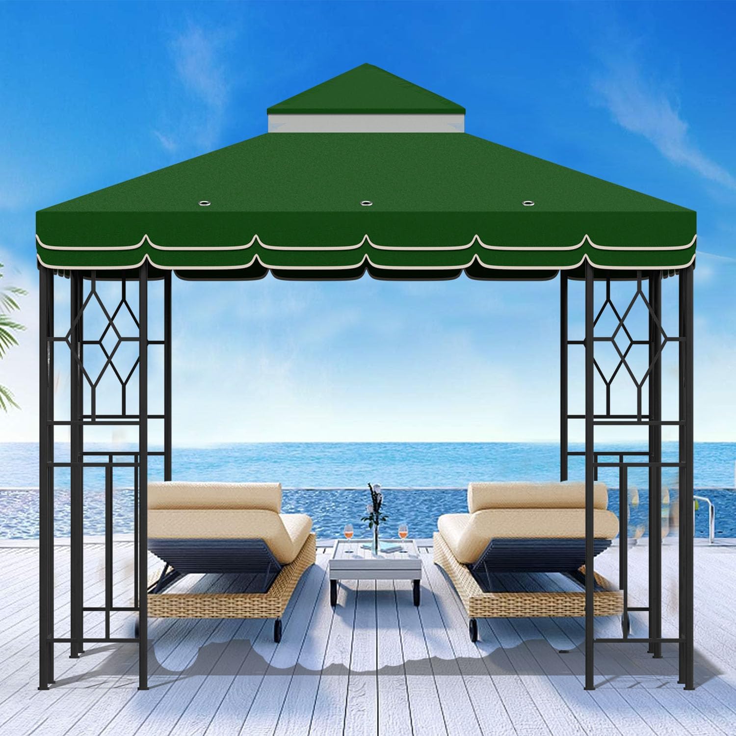 10x10 Canopy Replacement Top Double Tiered Gazebo Cover for Yard, Patio & Garden Durable Sunshade Replacement (Green with lace)