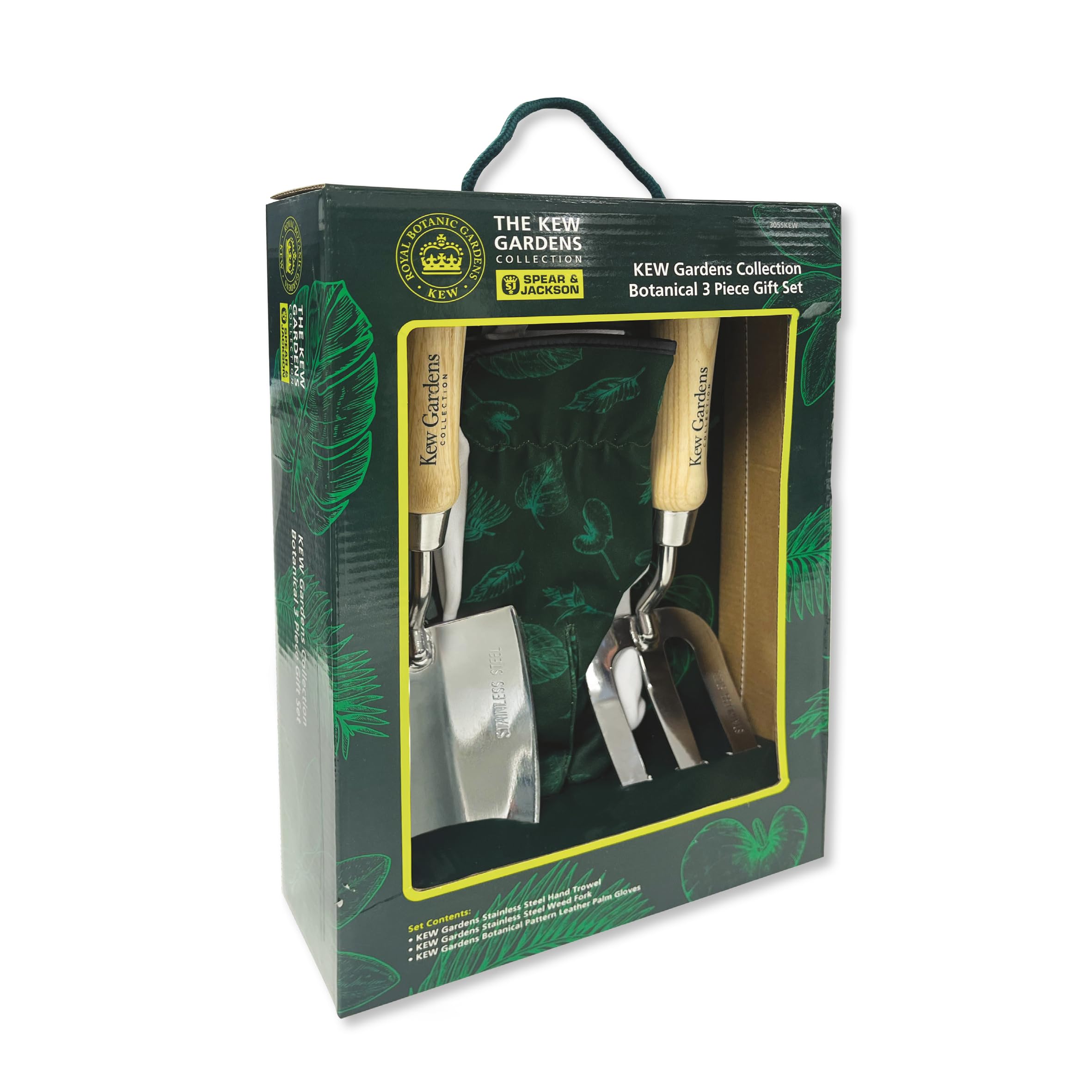 Spear & Jackson 3055KEW Kew Gardens Collection Botanical Hand Tool & Gloves Gift Set - Stainless Steel Hand Trowel & Weed Fork with FSC® Wooden Handles + Patterned Leather-Palm Gardening Gloves