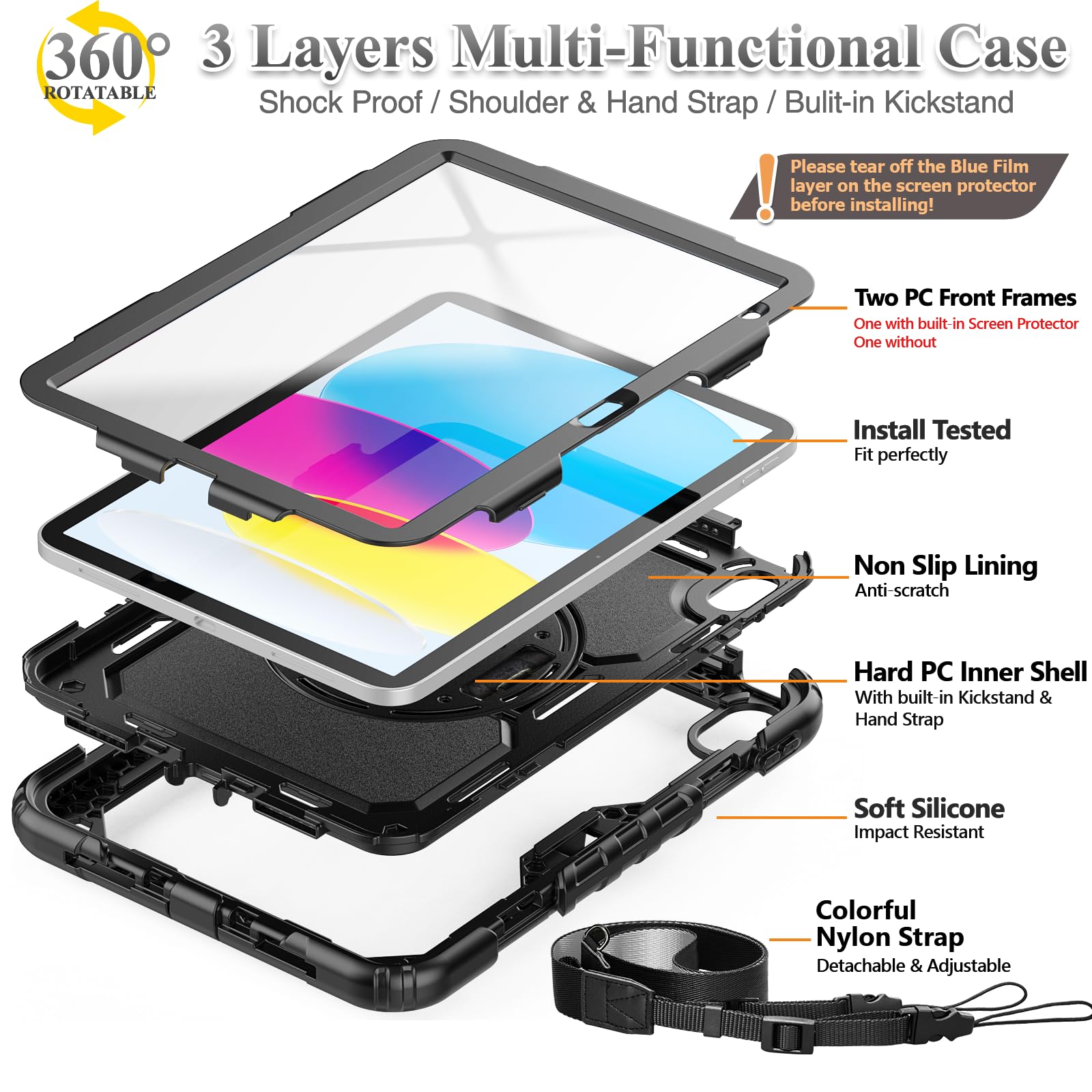 SEYMAC stock Coque pour iPad (A16) 11ème/10ème Génération 11/10,9 Pouces 2025/2022, Coque Antichoc avec Protecteur D'écran, Support Rotatif à 360°/Dragonne, Porte-Crayon et Bandoulière, Noir