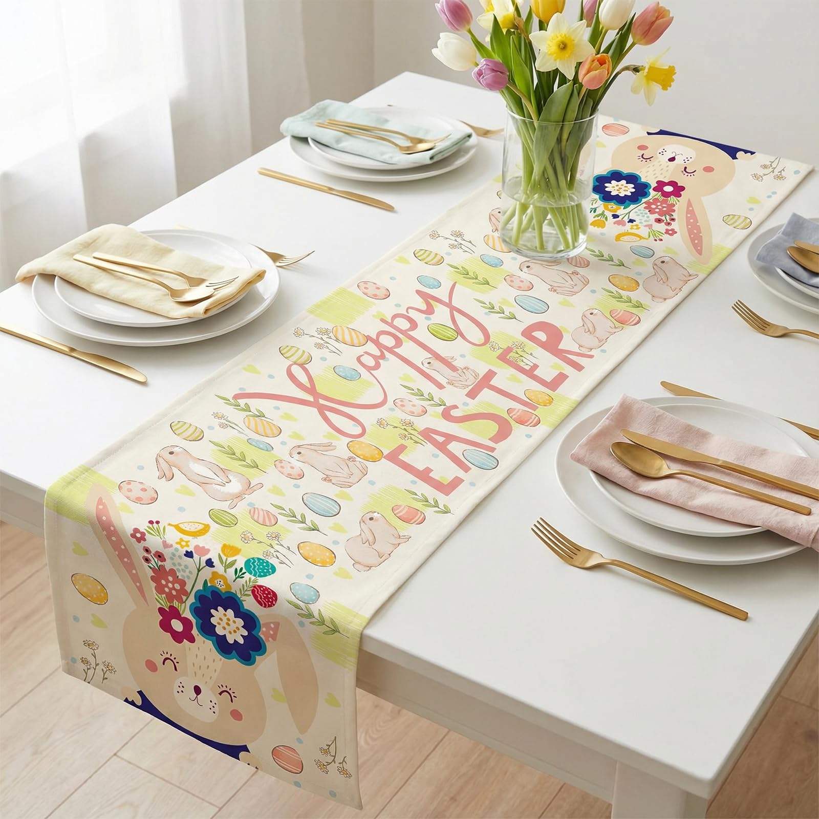 Seutgjie Easter Table Runner for Dining Table Seasonal Spring Summer Easter Decorations Home Party 13.8x70.87 inches