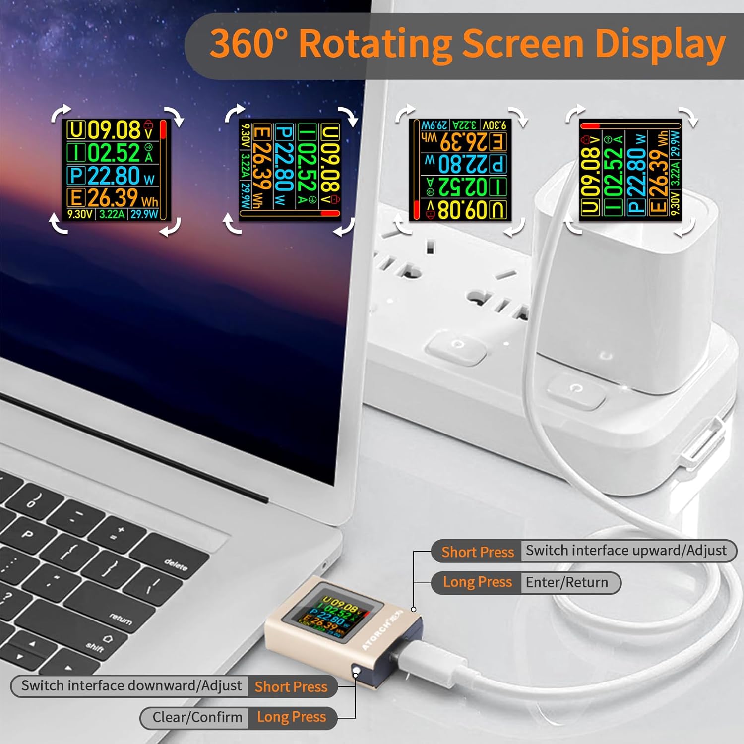 The USB C Power Meter Tester connected to a laptop, showing its screen rotating 360 degrees automatically. Text labels indicate 'Short Press Switch interface upward/Adjust', 'Long Press Enter/Return', 'Short Press Switch interface downward/Adjust', and 'Long Press Clear/Confirm'.