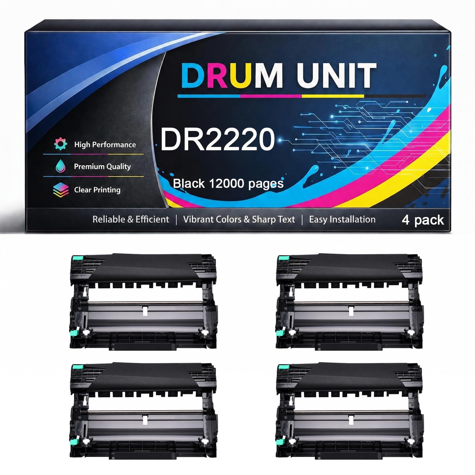 Unità Tamburo DR2220 Compatibile per Brother DR 2220 TN2220 Alta Capacità 12000 Pagine per Stampanti HL-2130 2240 2240D 2250DN 2270DW 7360N 7055 7055W 7060D 7070DW MFC-7360N FAX-2840,Black-4pack