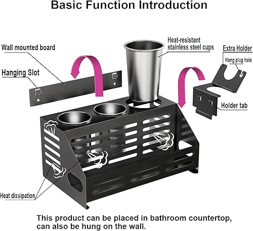 Miniatura 5 de Soporte para secador de pelo, soporte de pared, herramienta para el cabello y organizador de peinado, organizadores de encimera de baño para secador