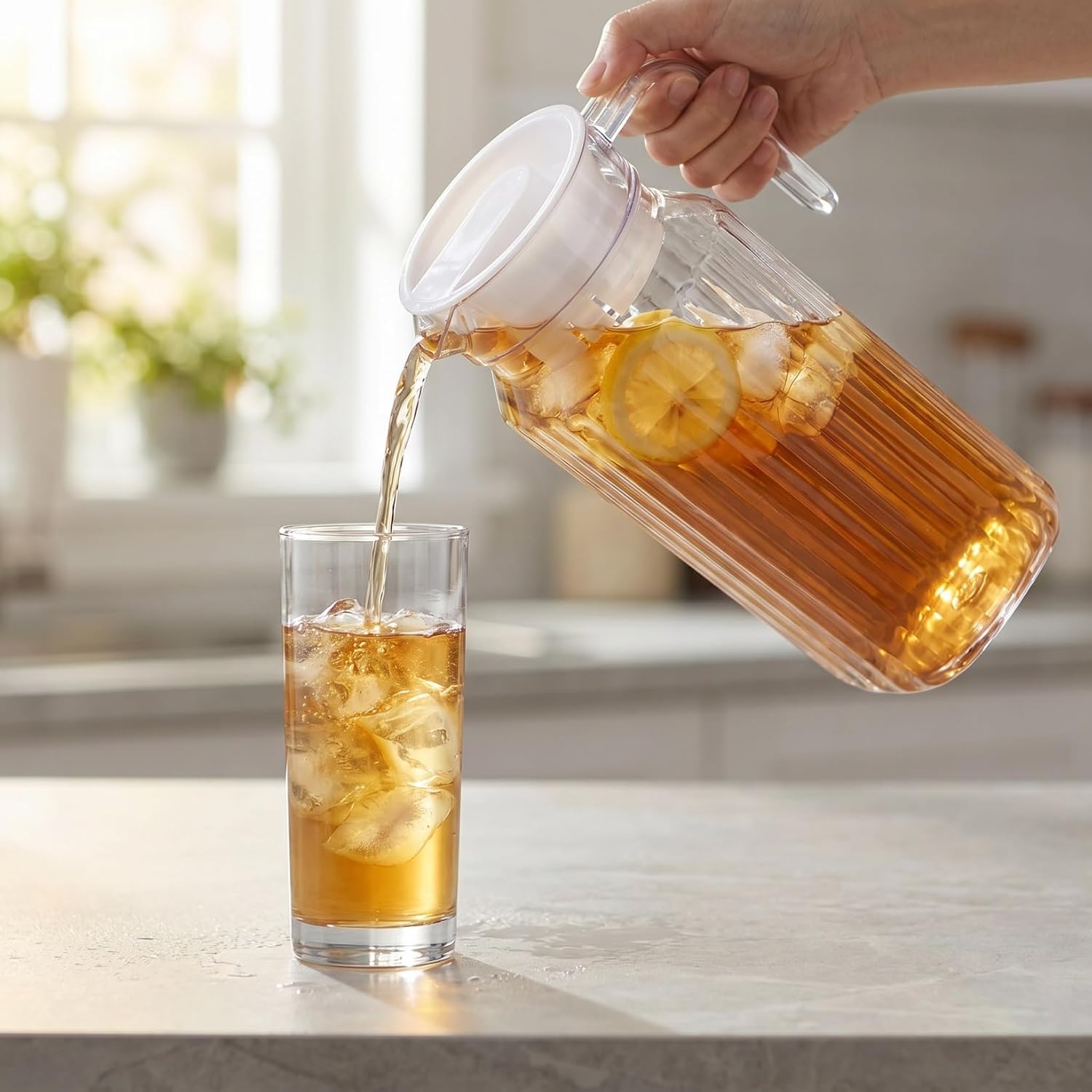 BESPORTBLE Plastic Pitcher with Lid 2 Pack 37oz Shatterproof Fridge Carafe | Slim Door-Shelf Fit, Easy Pour Spout, Comfortable Handle, Wide Mouth For Tea, Juice, Lemonade, Milk, Home Or Office