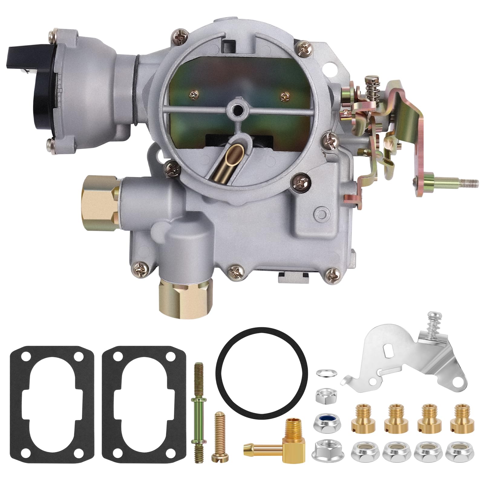 Carburador marino de 2 cuerpos para motores Mercruiser 3.0L 2.5L 4 CIL con estrangulador eléctrico, jets, juntas, tuerca y perno de base de varillaje largo, patrón de orificios de la base 3 3/4 x 2