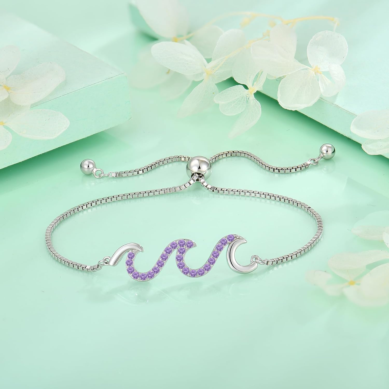 STARCHENIE 925 Sterling Silver Wave Bracelet for Women Adjustable Birthstone Bracelet Beach Ocean Jewelry - Image 3