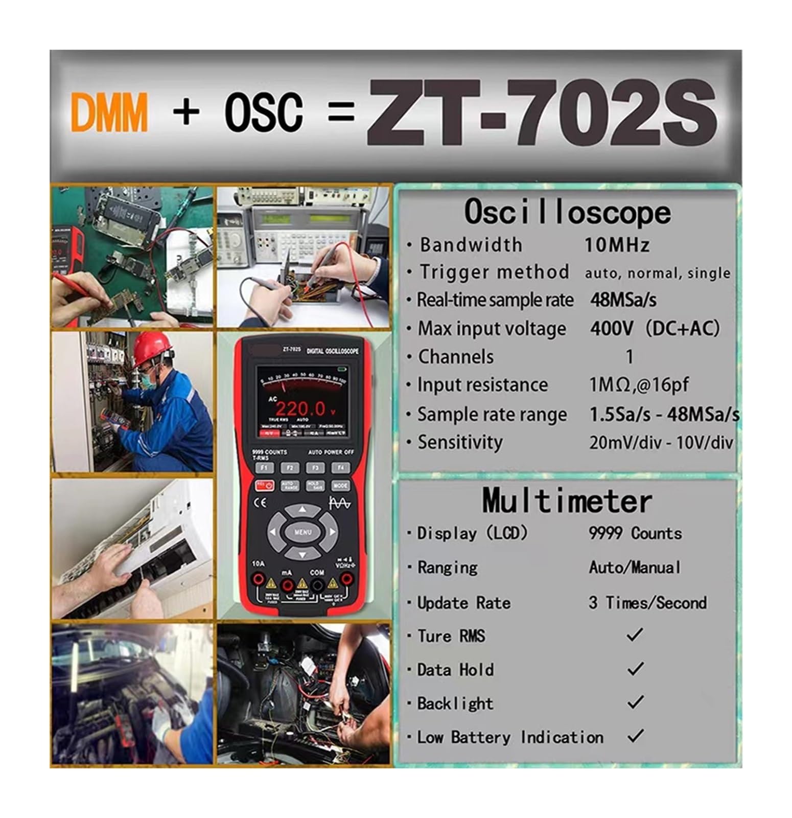 Osciloscopio Digital portátil for automoción ZT-702S 2 en 1, con Canal único, Ancho de Banda de 10 MH/Z y Longitud de Registro de 64 KB