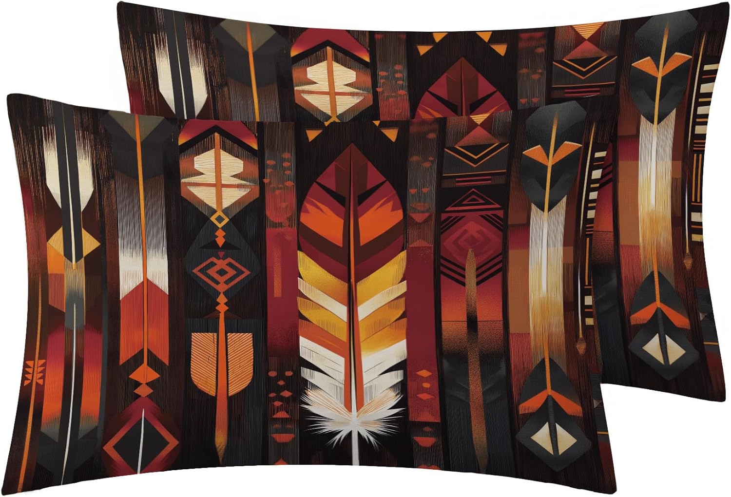Tribal Pillowcase for Room Decor & Gift, Native American Feather Pillow Cases Queen Size Set of 2, Bohemian Indian Printed Bed Pillow Covers with Zipper, Cozy Microfiber