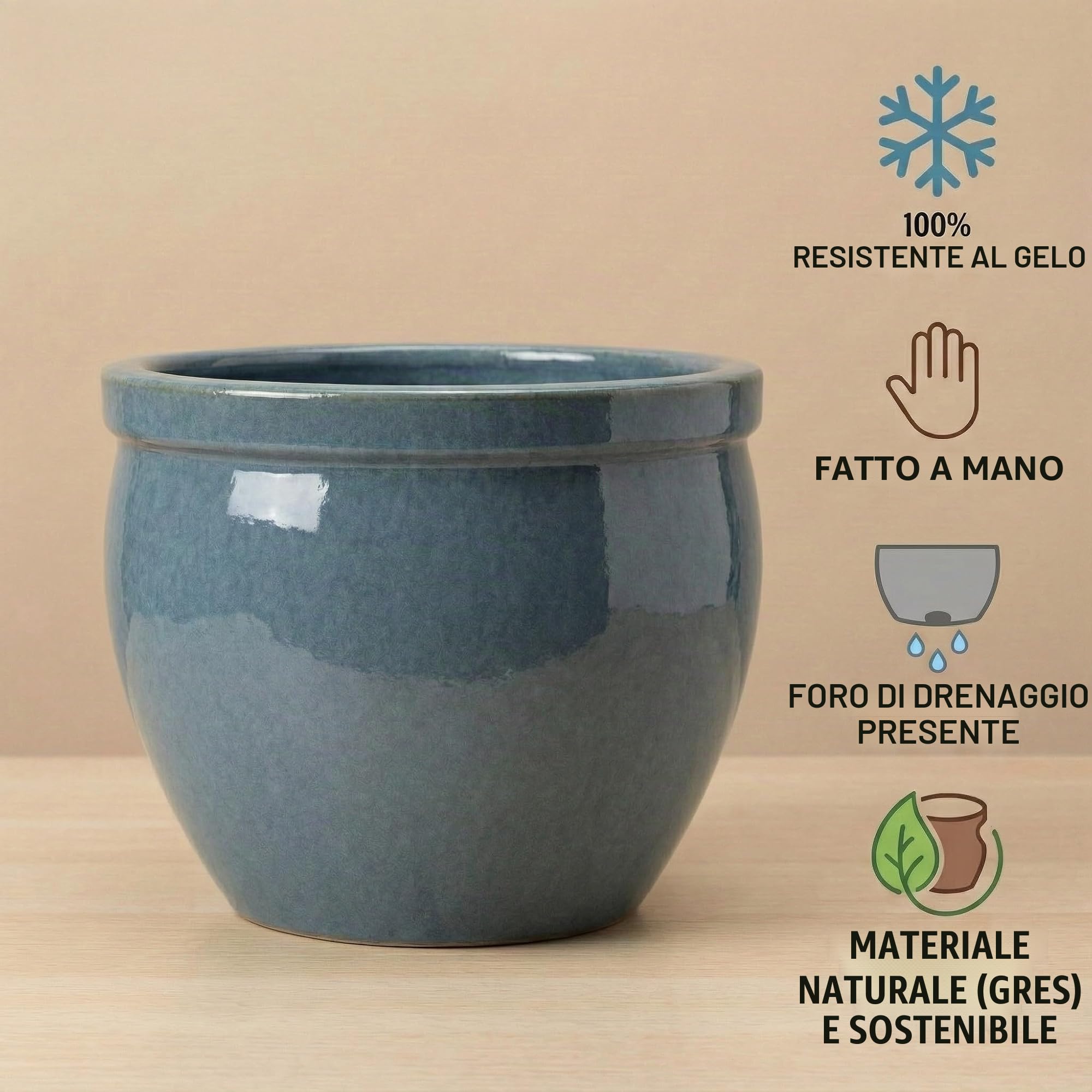 Vaso per piante in gres porcellanato, 100% resistente al gelo, per esterni e interni (diverse dimensioni), massiccio con foro per drenaggio, di alta qualità, elegante (grigio ottobre, 37 cm x 31 cm)
