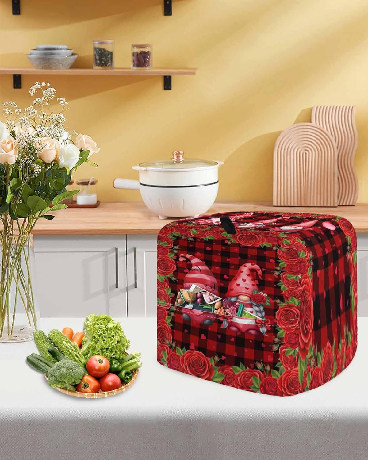 Valentine's Day Stand Mixer Cover with Storage Pocket, Waterproof Kitchen Mixer Covers, Gnomes Roses Love Red Plaid Romance Kitchen Appliance Dust Cover Compatible with 6-9 Quart Mixers