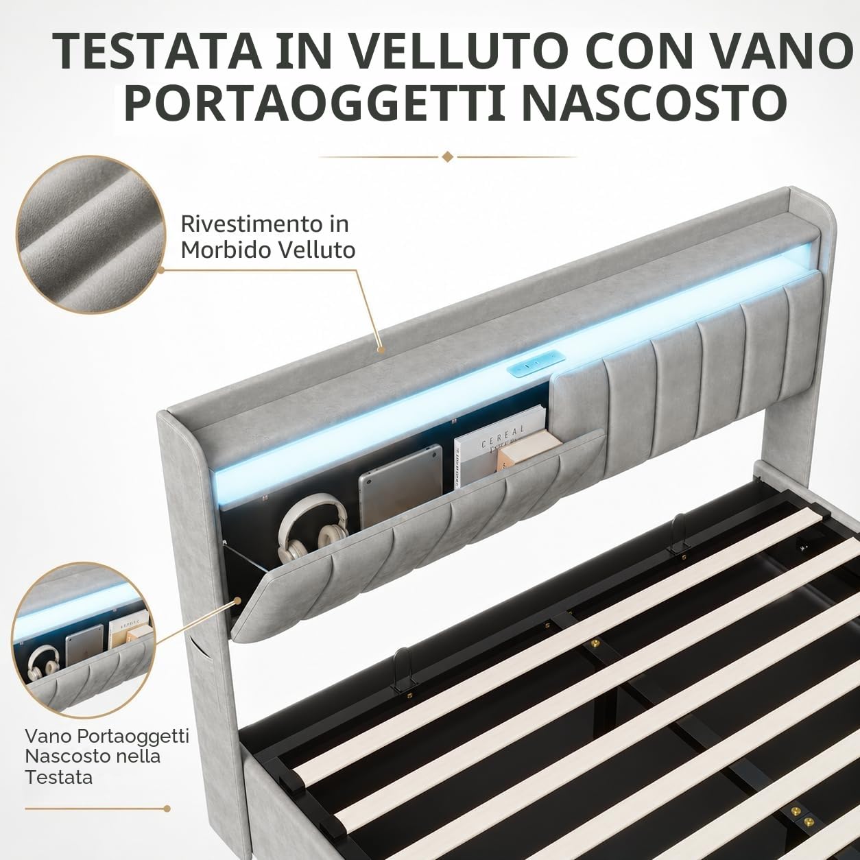 BRILVERDE Letto imbottito 140x200 con Contenitore idraulico, Letto matrimoniale a LED con USB, Funzionale con testiera, Struttura letto con rete a doghe, Velluto (Grigio, 140 x 200 cm)