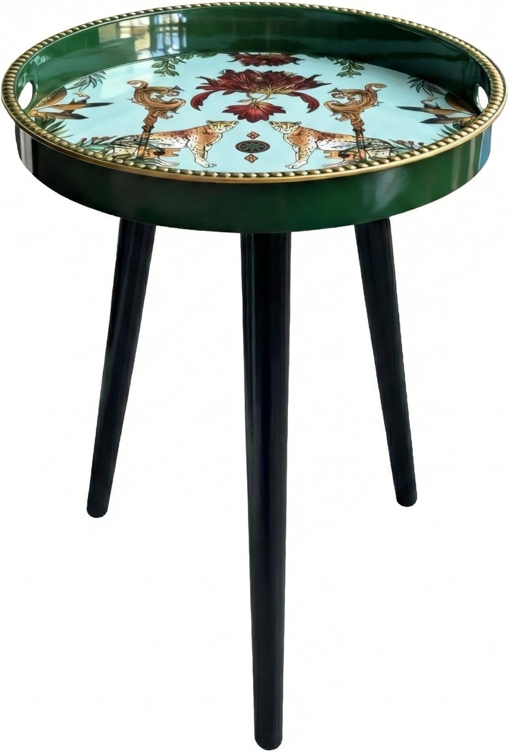 Zosenley Small Round Side Table - 13 Inch Emerald Green Boho End Table with Vintage Cheetah Pattern Tray - Unique Tropical Accent Table with Moisture-Resistant Wrapped Legs for Living Room & Bedroom