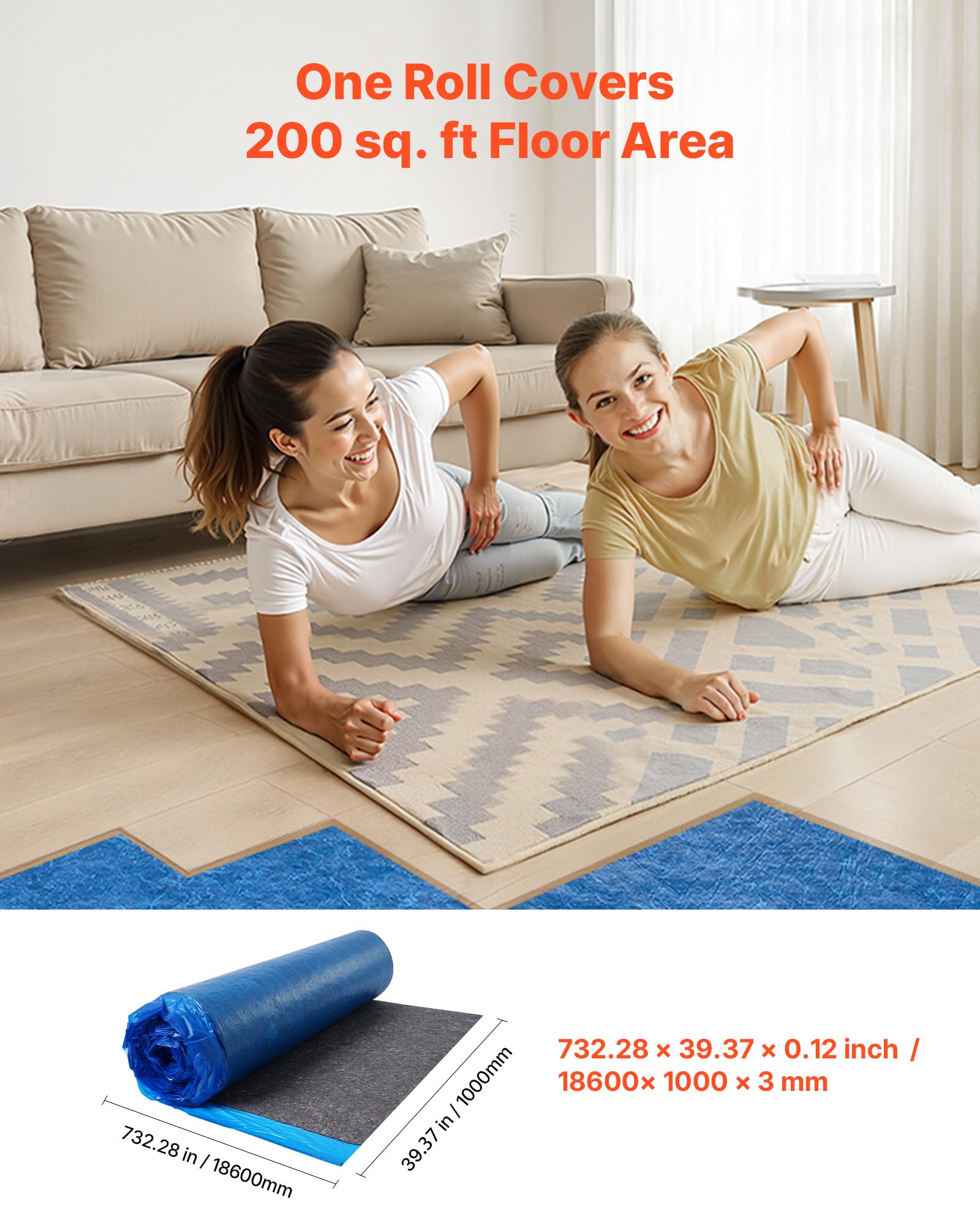 VEVOR Sous Couche Parquet, 18,6 m², Sous-couche Isolante, Épaisseur 3 mm, Fibre Robuste, Film PE Imperméable, Insonorisation Anti-humidité, Protection Infiltration, pour Sol Vinyle, Stratifié, Bois