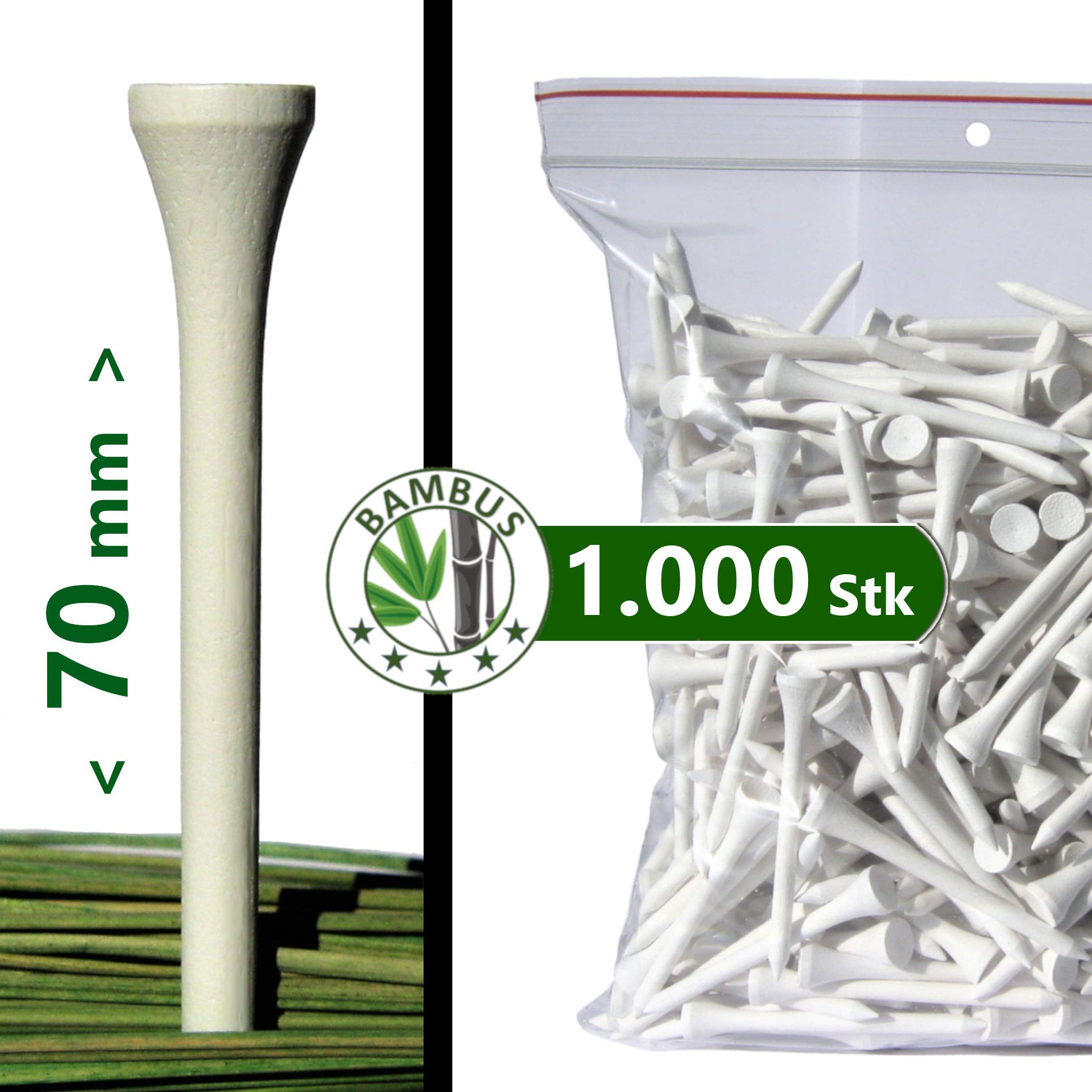 Premium Golf TEES - 70 mm (2 3/4") - 1.000 Stück - 100% Bambus - Farbe: weiß