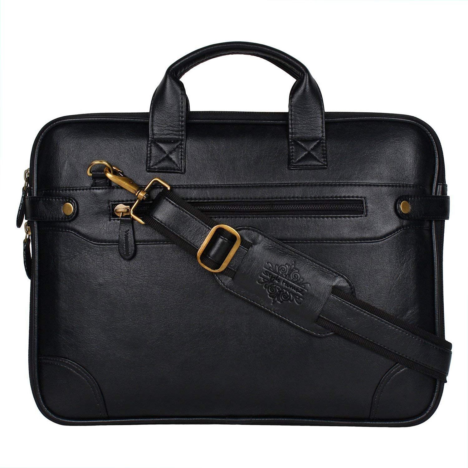 Rudra Exports Leather Zipper File Laptop Formal Office Black Document Bag with Handle Adjustable Shoulder Bag For Men & Women Unisex Office Lappy Bag (Black).