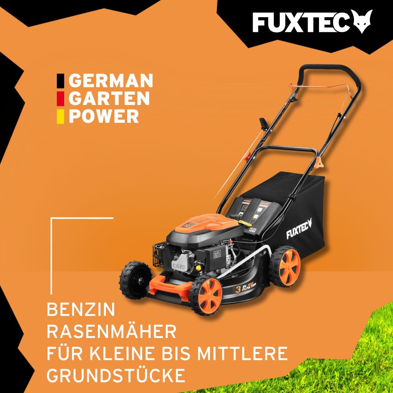 FUXTEC 3in1 Benzin Rasenmäher FX-RM4646ECO • 3,5PS 2,6kW 4-Takt Motor 146ccm • 46cm Schnittbreite 7 Stufen 25–75mm • 50L Fangkorb • Mulchfunktion & Heckauswurf • Leichtgewicht 27kg