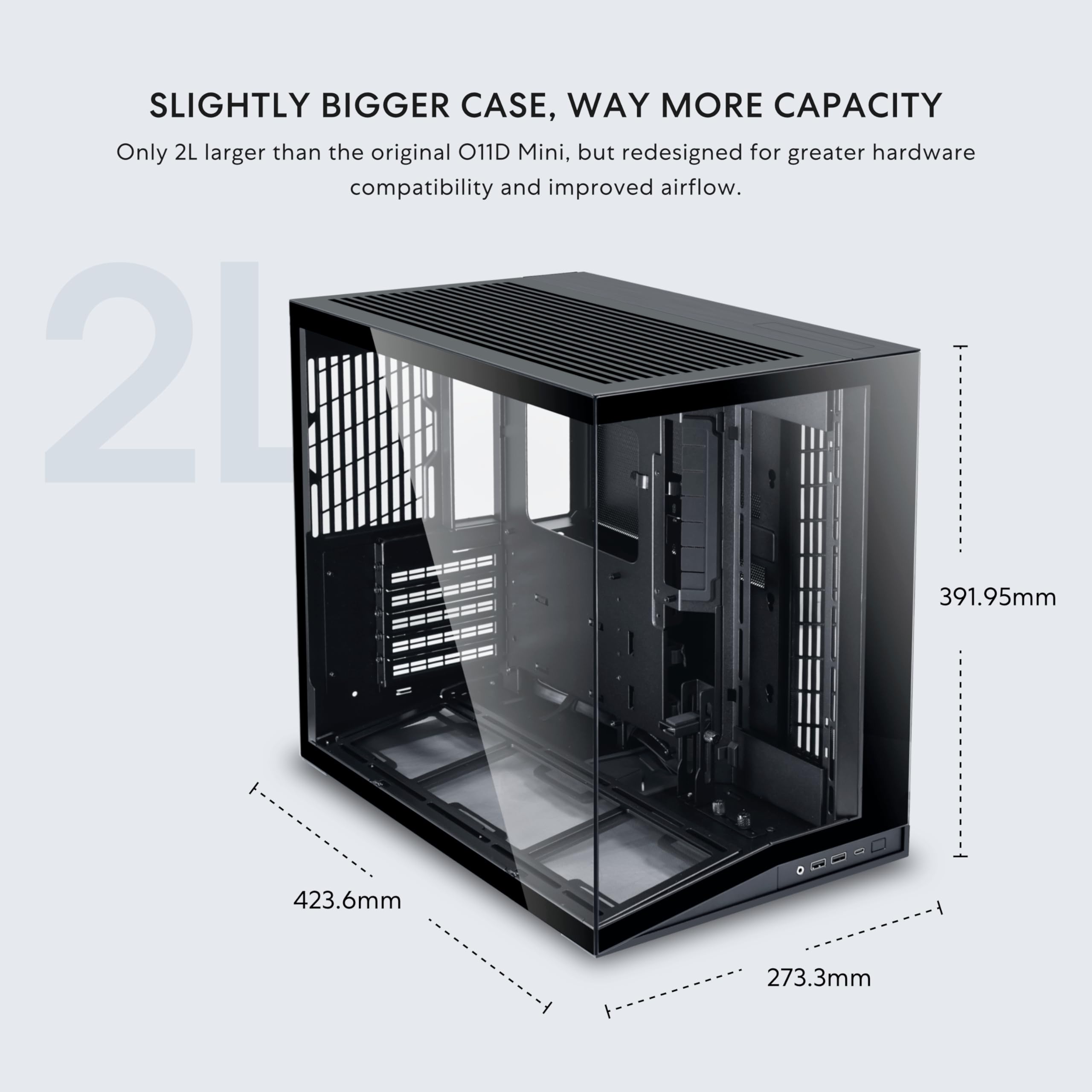 Condition photo showing New/Like New for lian li o11d mini v2 compact atx mid-tower airflow computer case panoramic view fully ventilated airflow adjustable i/o pillar-less cable management | black (o11dmiv2x)