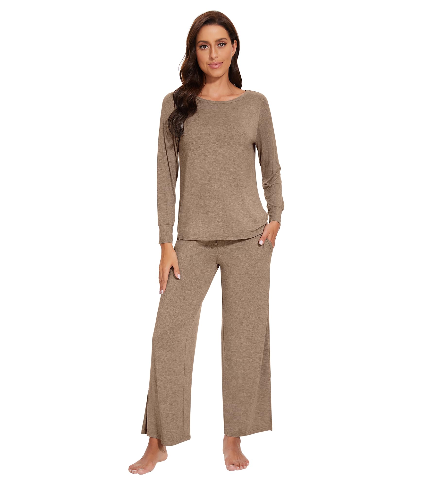 WiWi Women's Pajama Set Comfy Long Sleeve Tee Pants Sleepwear Soft Viscose from Bamboo 2 Piece Nightwear Pjs S-XXL