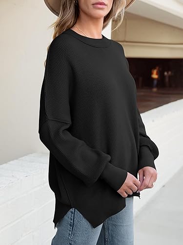 Miniatura 3 de ANRABESS - Suéter de cuello redondo para mujer, diseño holgado de punto acanalado, manga larga tipo murciélago, con aberturas laterales, sin