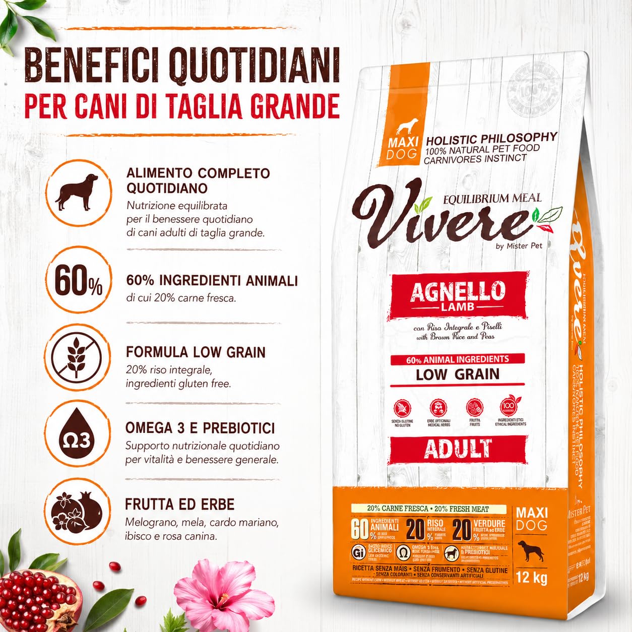 Vivere Adult Maxi Crocchette Cane Adulto 12 kg con Agnello, Mangime Secco Low Grain Gluten Free per Cani Taglia Grande, Alimento Completo con Omega 3, Prebiotici, Frutta ed Erbe, 12 kg