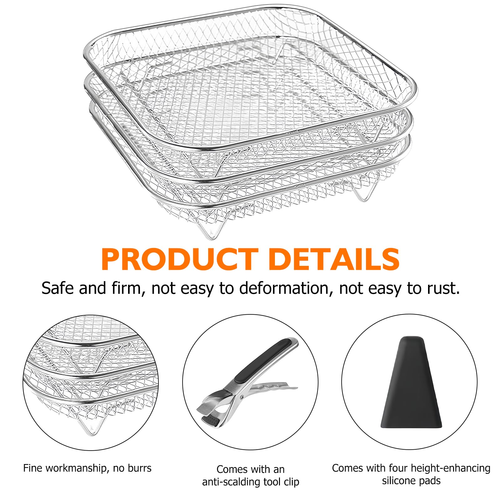 3 cesti griglia per friggitrice ad aria calda: 304 in acciaio inox con 8 piedini in silicone, cesti in acciaio inox, cesti impilabili per airfryer, friggitrice ad aria (quadrato)