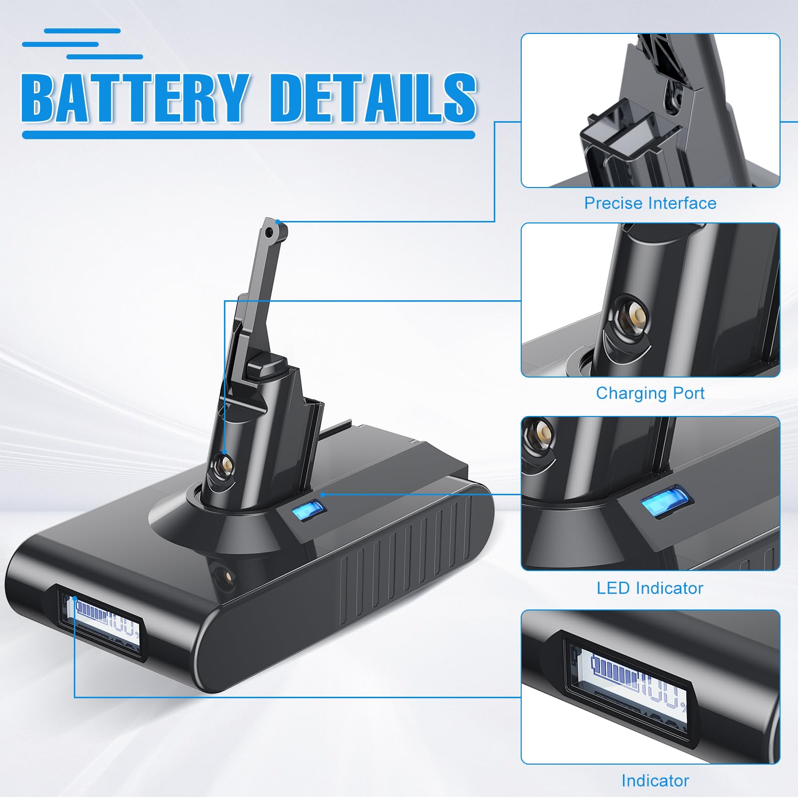 Akku für Dyson V8 6000mAh Ersatzakku für Dyson SV10 Kompatibel mit V8 Motorhead/Fluffy/Animal/Absolute SV10 Staubsauger mit LCD-Batterieanzeige