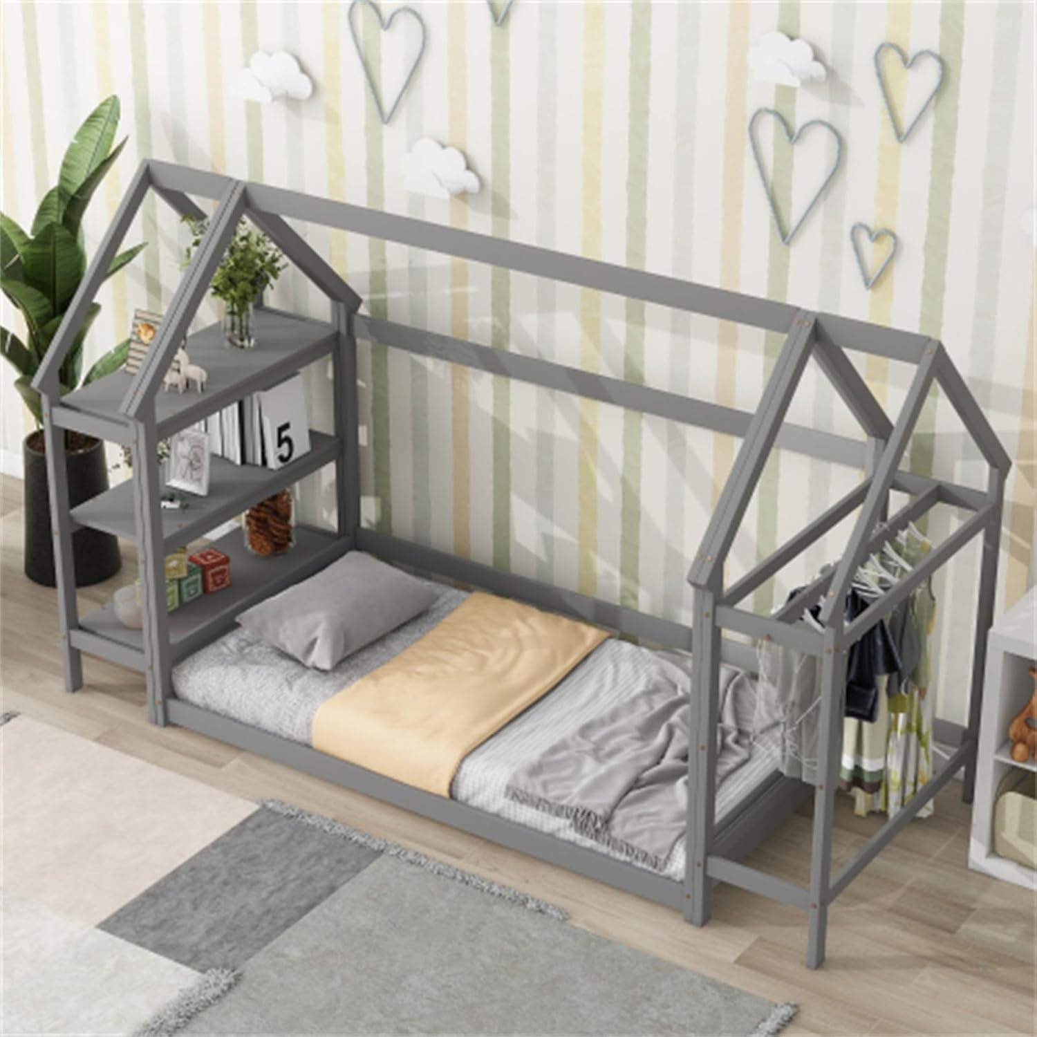 Simple Wooden Double Log Cabin Bed with Storage Rack and Hanger, Kids Bedroom Set, Kids Bed Frame Grey
