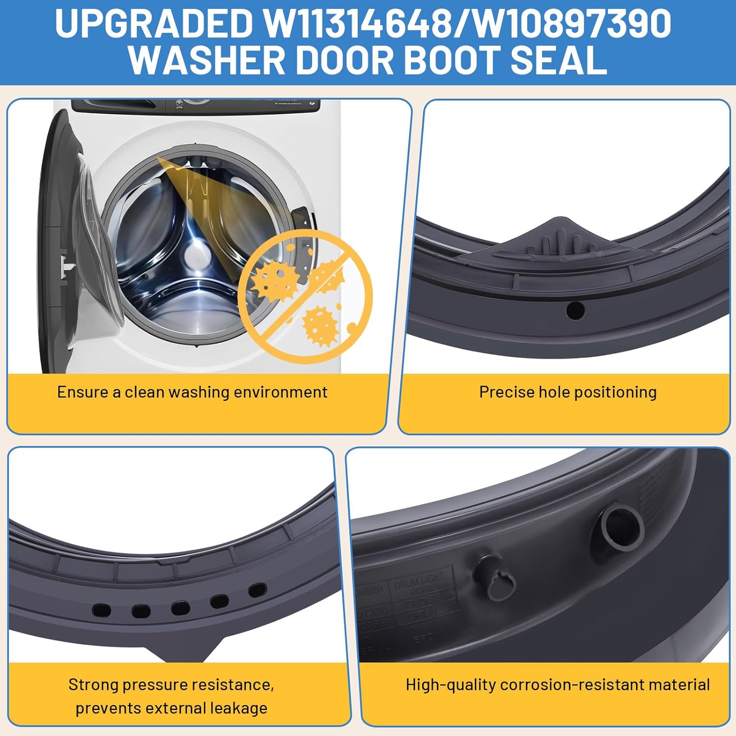 WFW5620HW0 WFW6620HW0 WFW5620HW2 WFW560CHW0 WFW6620HC2 WFW6620HC0 Washer Door Boot Seal for Whirlpool Washer Parts, W11314648 Washing Machine Door Seal Fits for Maytag Washer Parts MHW5630HW0