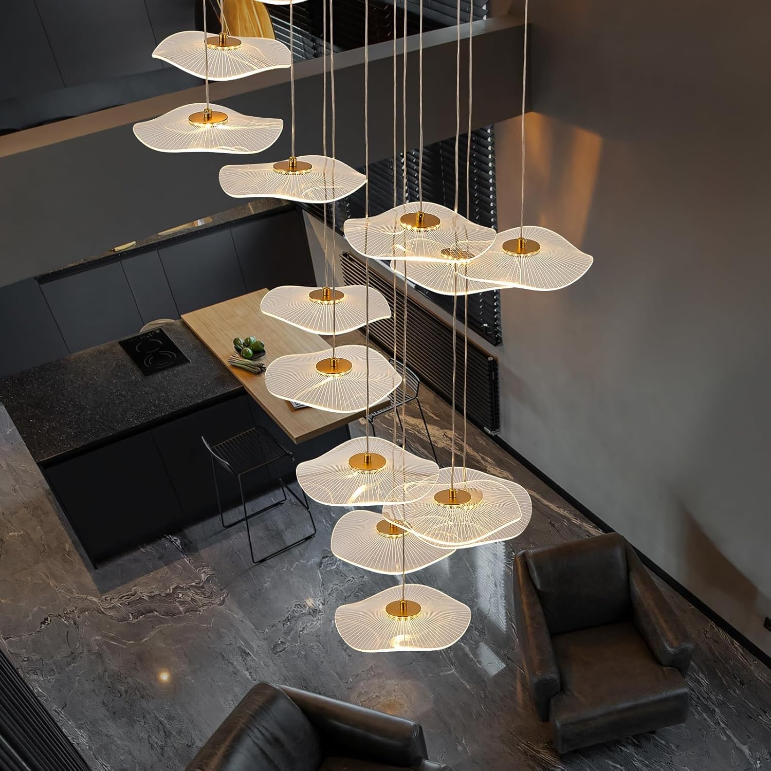 RuiRfh High Ceiling Chandelier Luxury Golden Spiral Linear Lotus Pendant Light Modern Simple Large Living Room Chandelier dimmable Design Suitable for Door Entrance Stairs Villa Restaurant