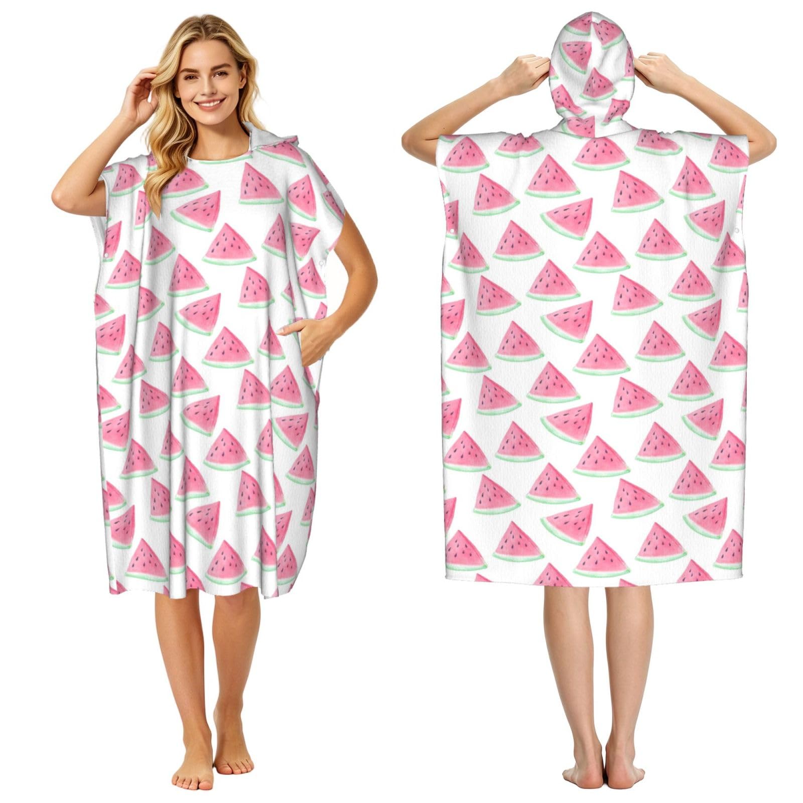 Poadnly Watermelons Fruit Pattern, Adult Hooded Beach Towel 90 x 110 cm,Changing Bath Robe, Surf Poncho Towel For Women Men