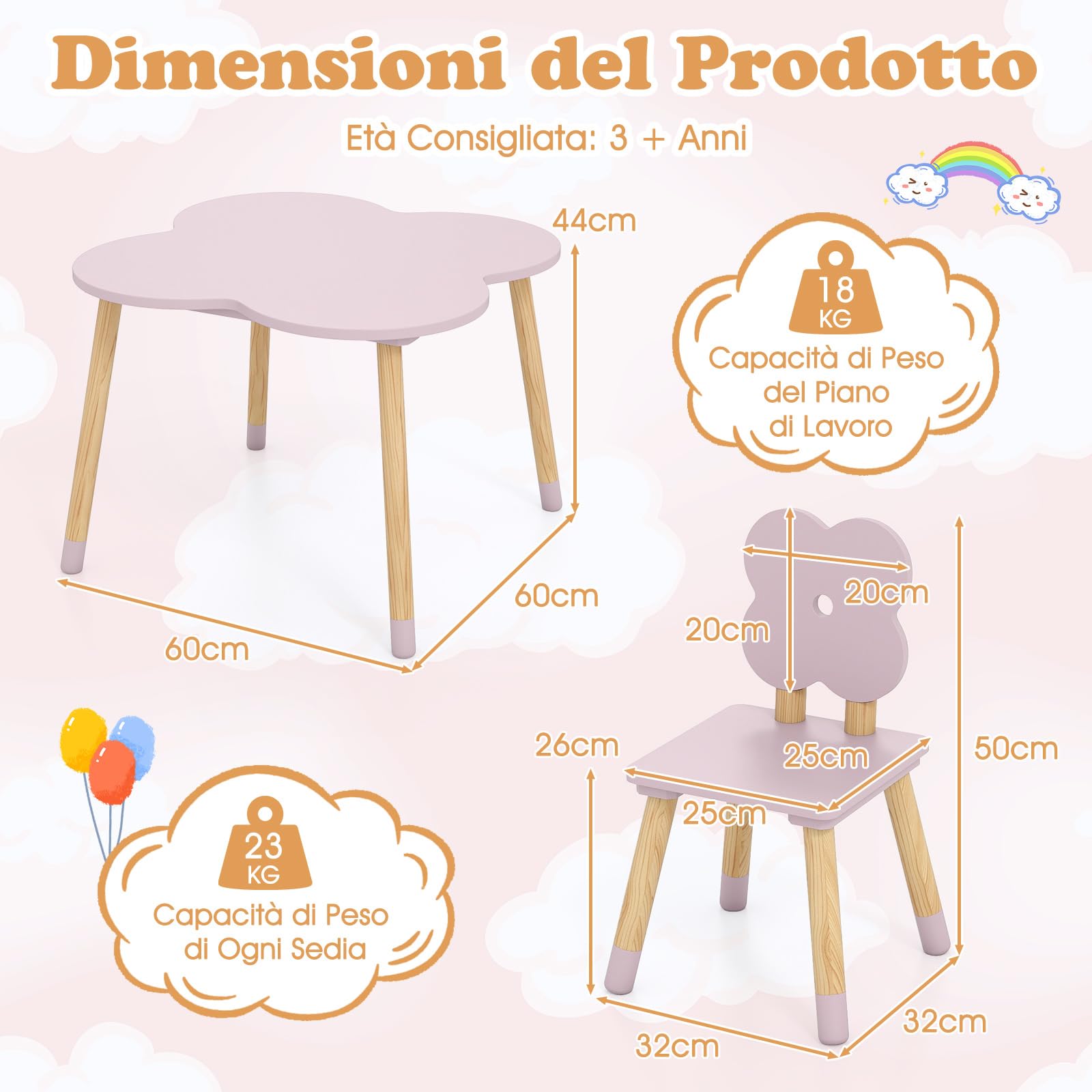COSTWAY Set Tavolo per Bambini a Forma di Fiore, Tavolino e Sedia in Legno con 2 Sedie e Gambe in Legno di Pino Solido, Tavolino Bambini 3+ Anni per Disegno, Arte e Studio (Rosa)