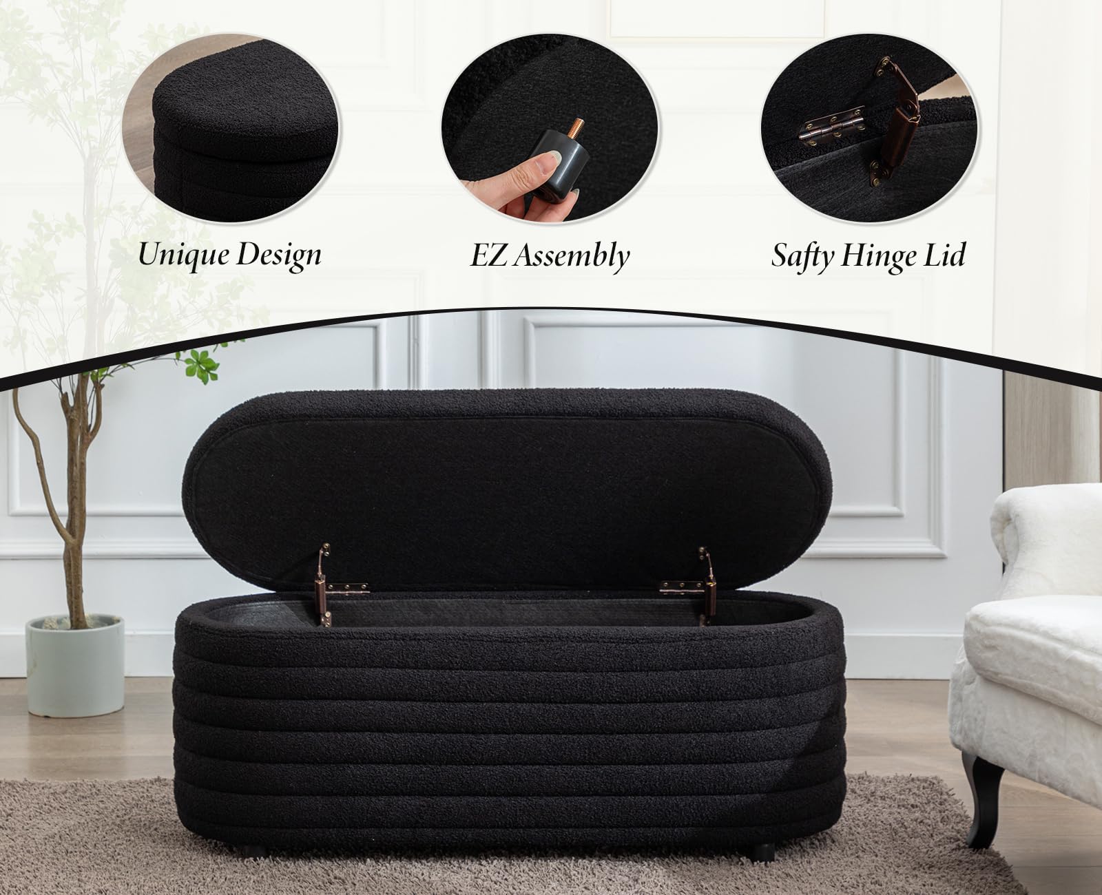 Ya-Home Banco con Almacenamiento de Piel Sintética Negro, Baúl Zapatero Multifuncional con Cojín Acolchado, Asiento para el Pie de la Cama, Recibidor, Salón – hasta 300 lbs de Carga, 115 cm