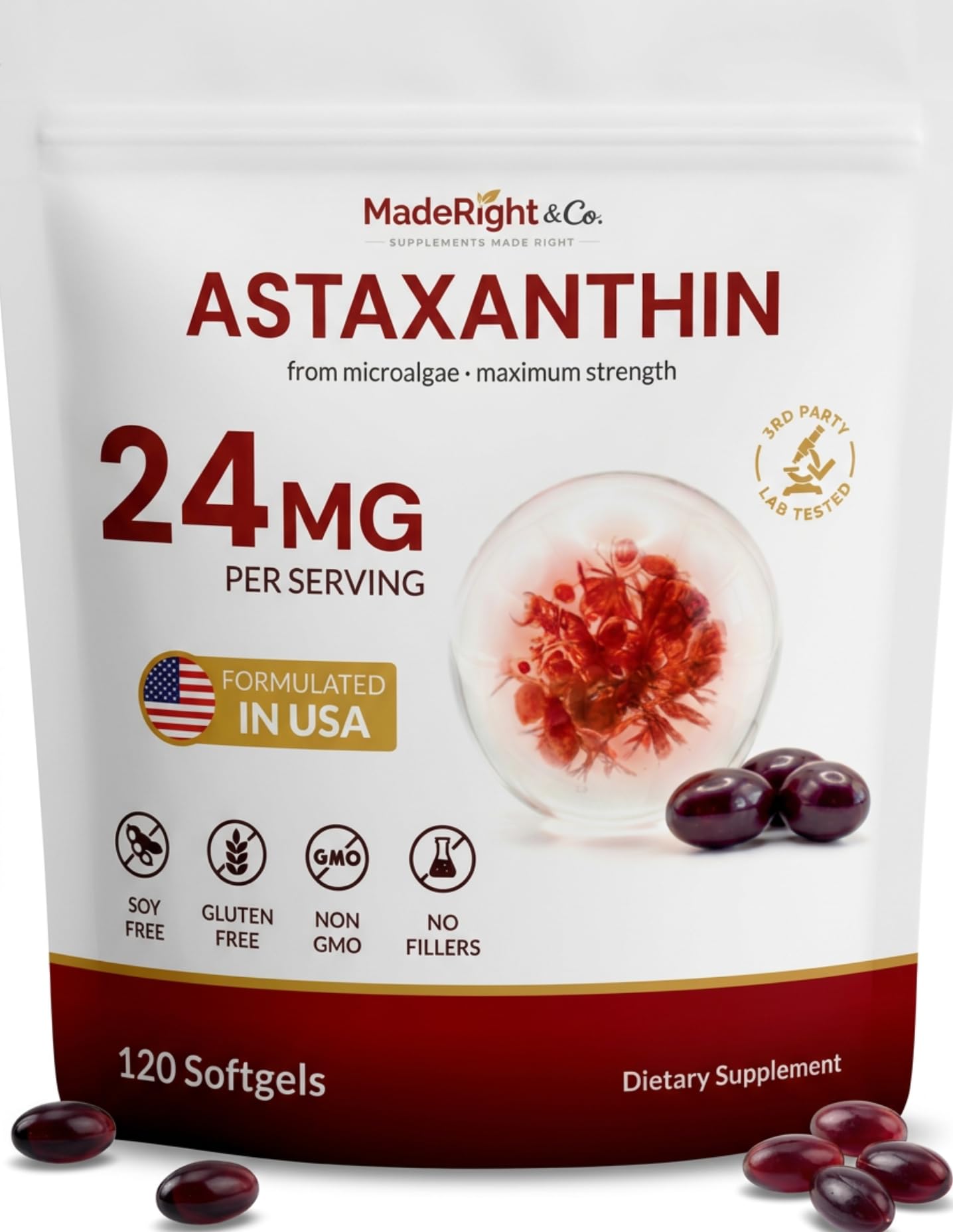 MadeRight & Co. Astaxanthin 24mg with MCT Oil, 120 Softgels, 4 Month Supply | Max Strength Astaxanthin Antioxidant Supplements | Fresh Microalgae Source | Non-GMO, Gluten Free, No Soy